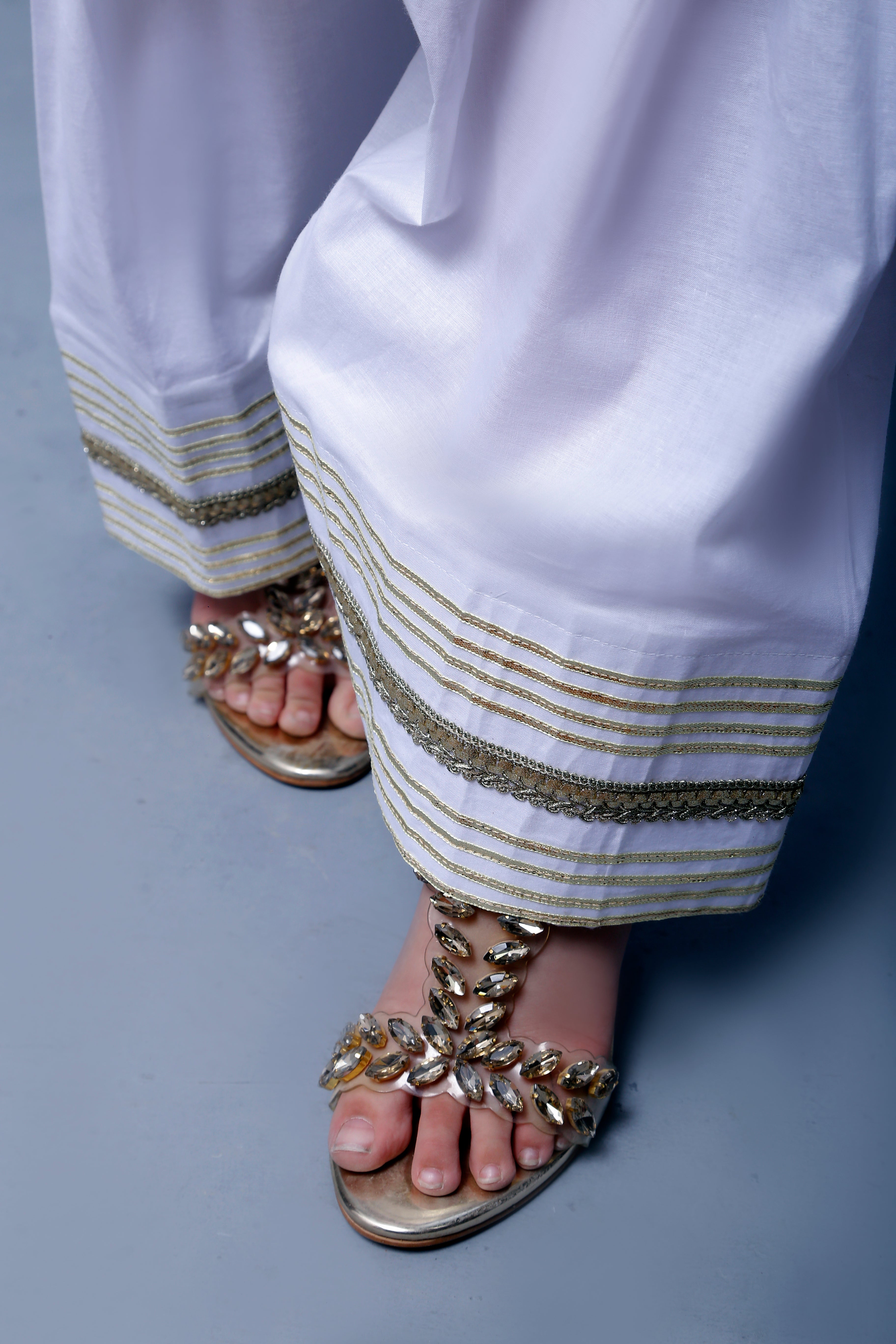 3 piece Elegant White Cotton Farshi Shalwar Kameez Suit with Golden Laces & Golden Chiffon Dupatta.(Stitch)