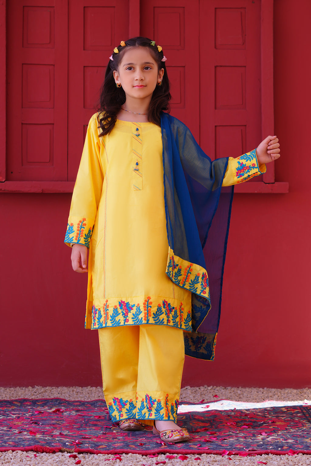 3 piece Yellow Embroidered Cotton Palazzo Suit with Sea Green Chiffon Dupatta & Laces.(Stitch).