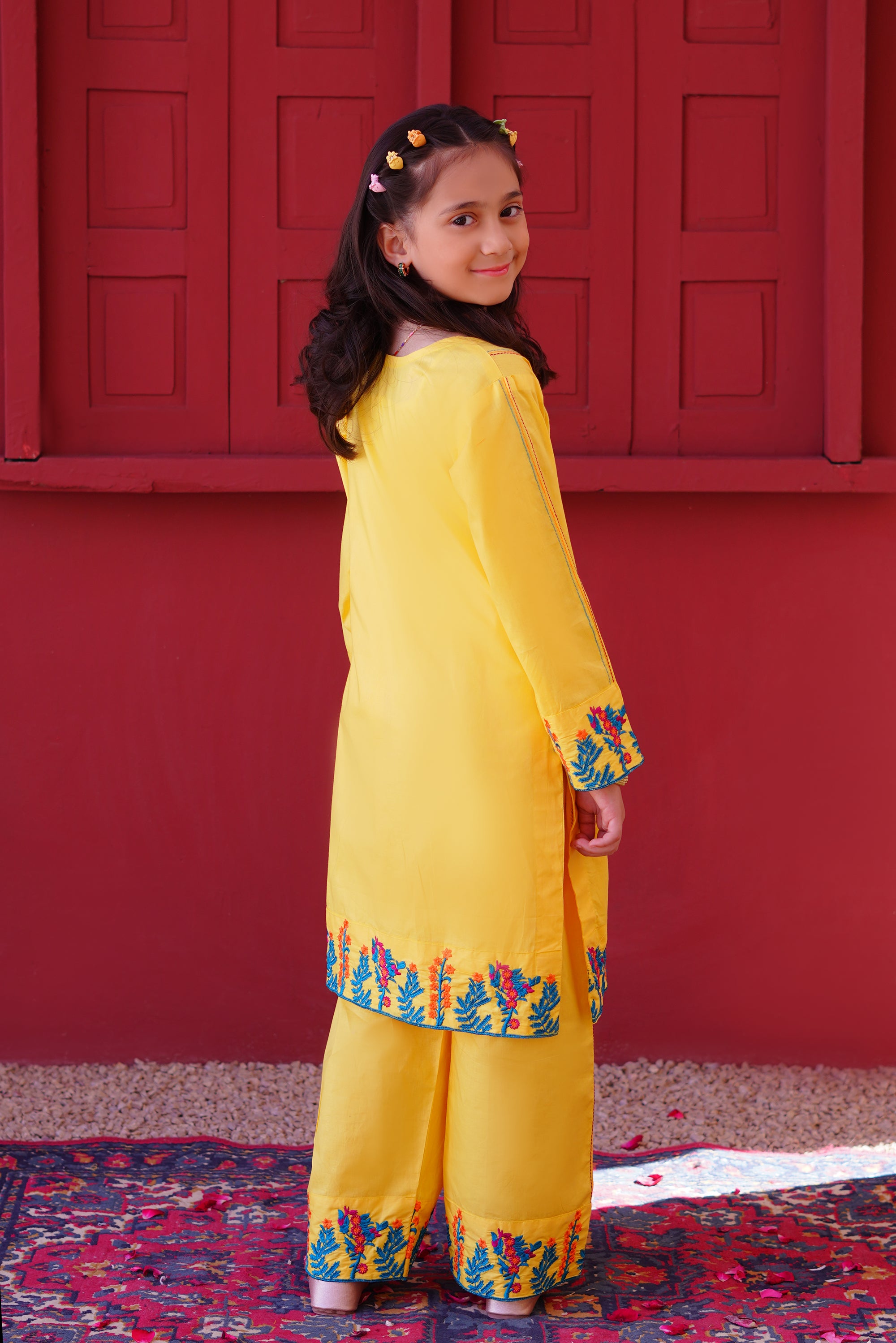 3 piece Yellow Embroidered Cotton Palazzo Suit with Sea Green Chiffon Dupatta & Laces.(Stitch).