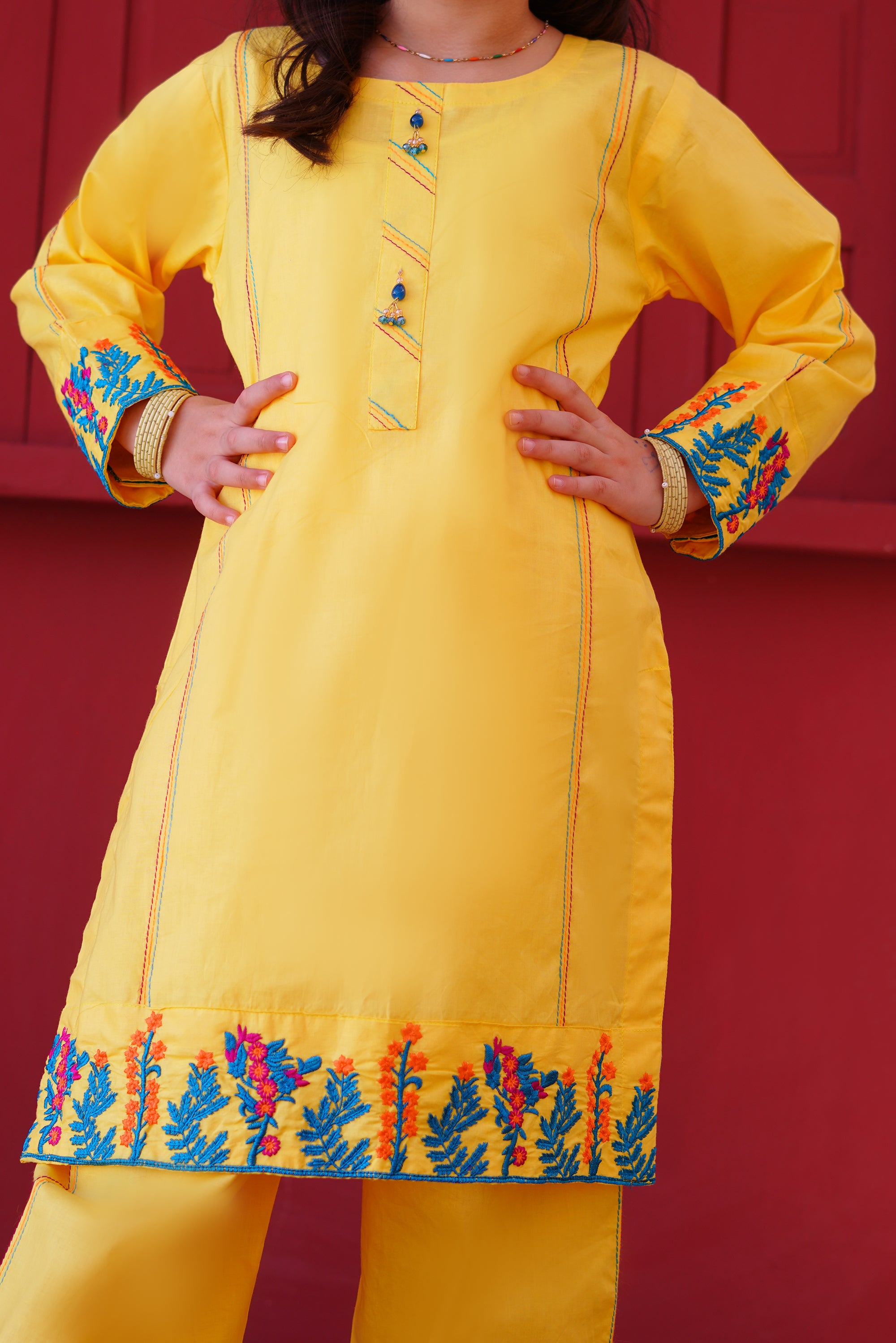 3 piece Yellow Embroidered Cotton Palazzo Suit with Sea Green Chiffon Dupatta & Laces.(Stitch).