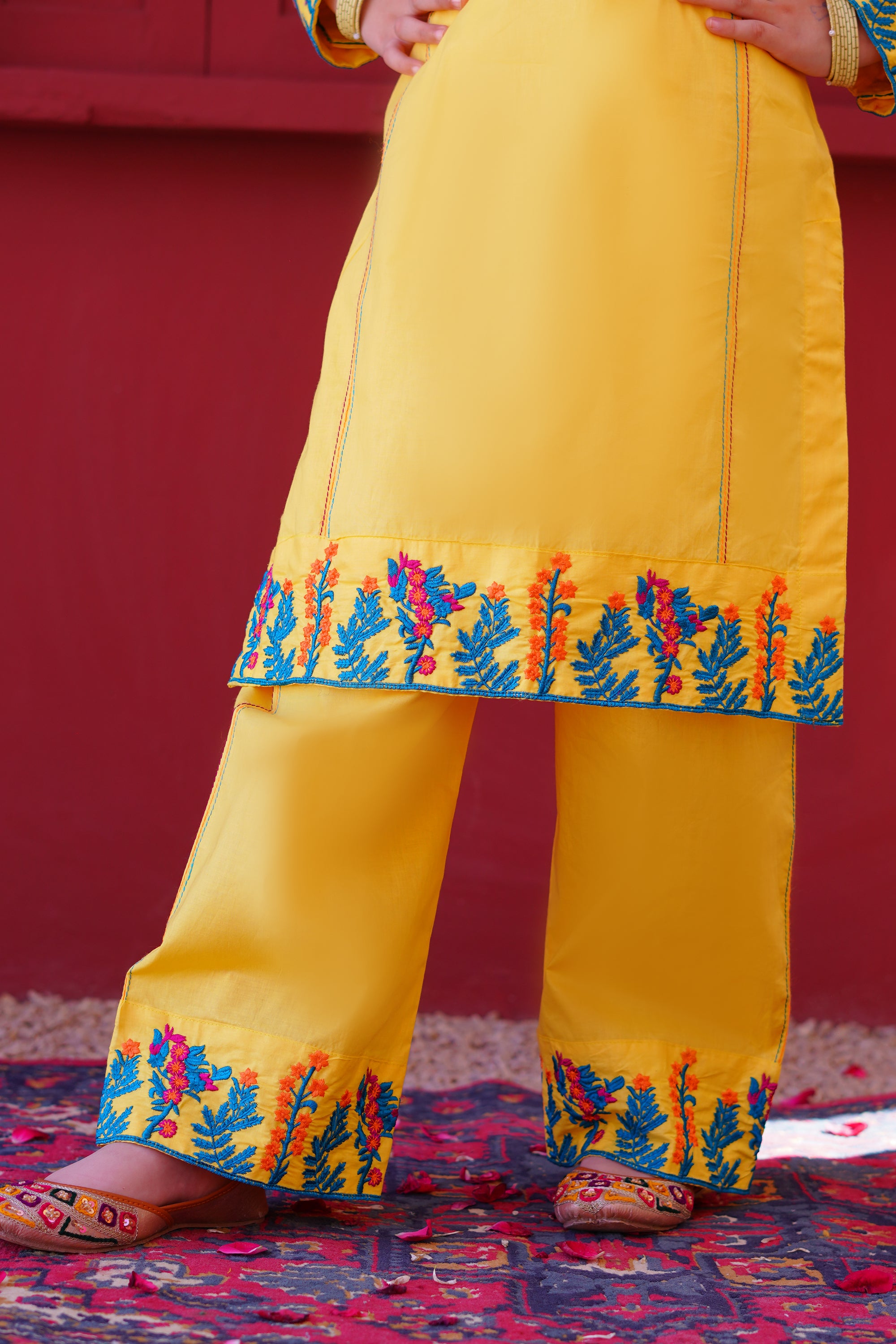 3 piece Yellow Embroidered Cotton Palazzo Suit with Sea Green Chiffon Dupatta & Laces.(Stitch).