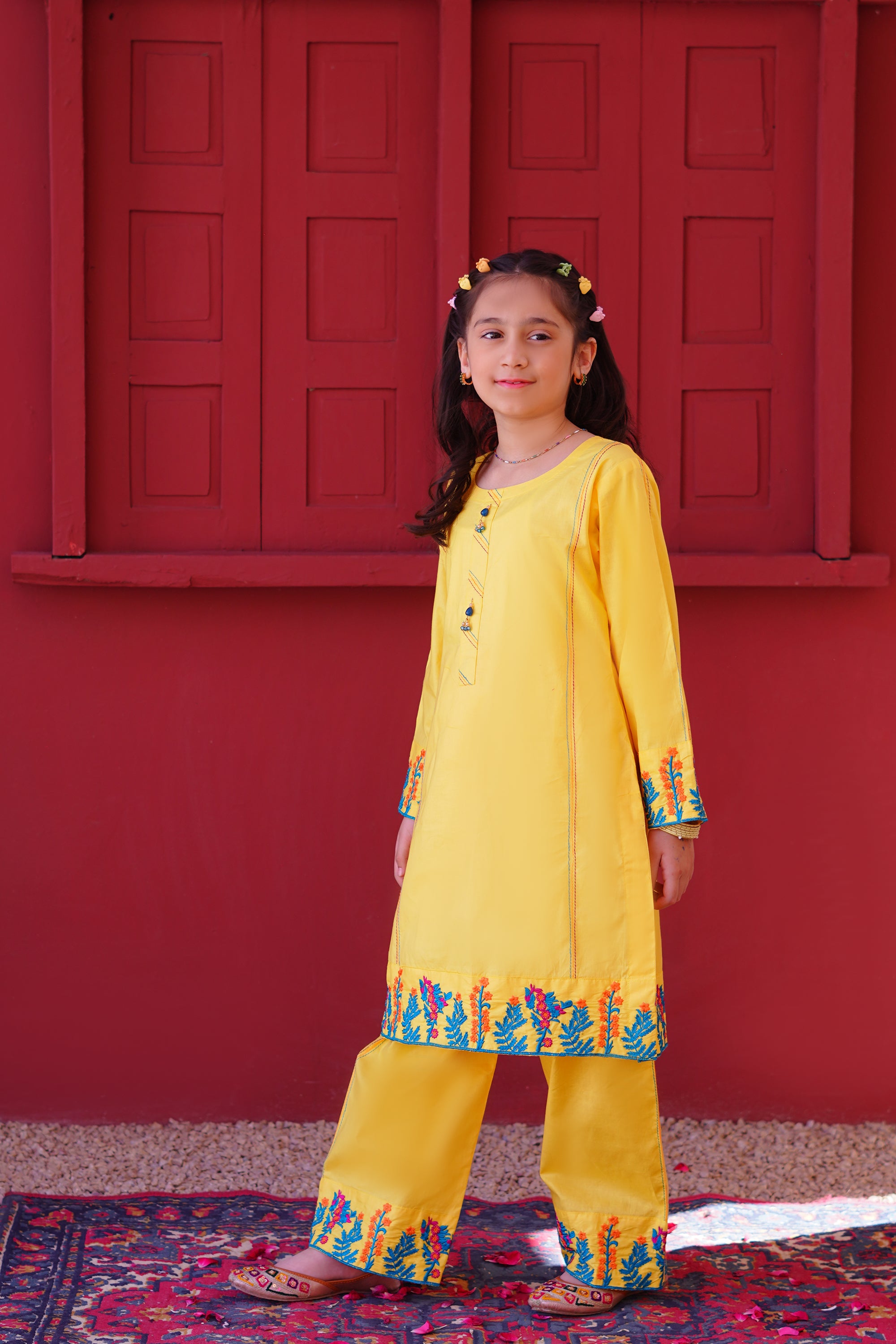3 piece Yellow Embroidered Cotton Palazzo Suit with Sea Green Chiffon Dupatta & Laces.(Stitch).