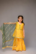 3 piece Yellow Cotton Sleeveless Gharara Suit with Bottle Green net Dupatta & Bottle Green & Golden Laces.(Stitch)