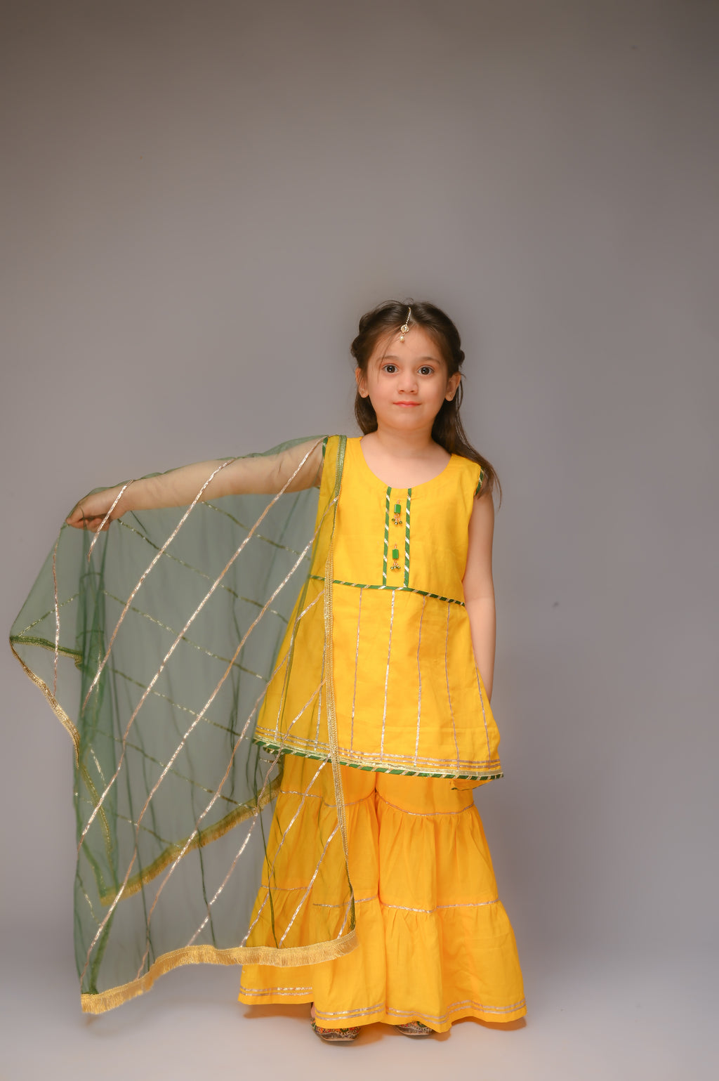 3 piece Yellow Cotton Sleeveless Gharara Suit with Bottle Green net Dupatta & Bottle Green & Golden Laces.(Stitch)