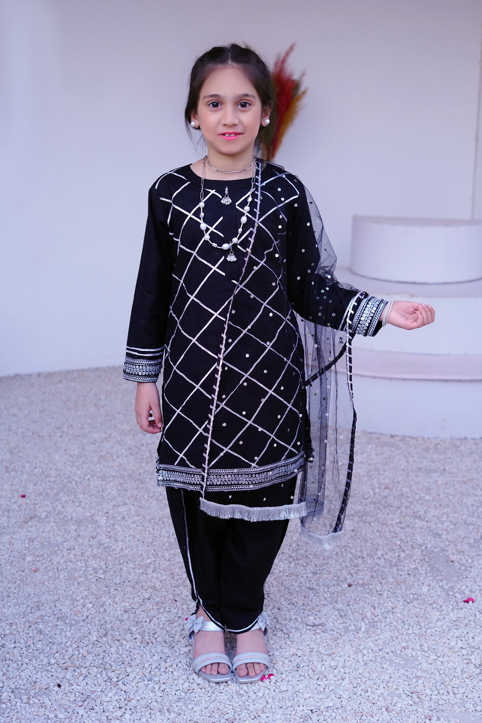 3 piece BLACK JET Cotton Tulip Suit with Black Silver net Dupatta & Silver Laces.(Stitch).