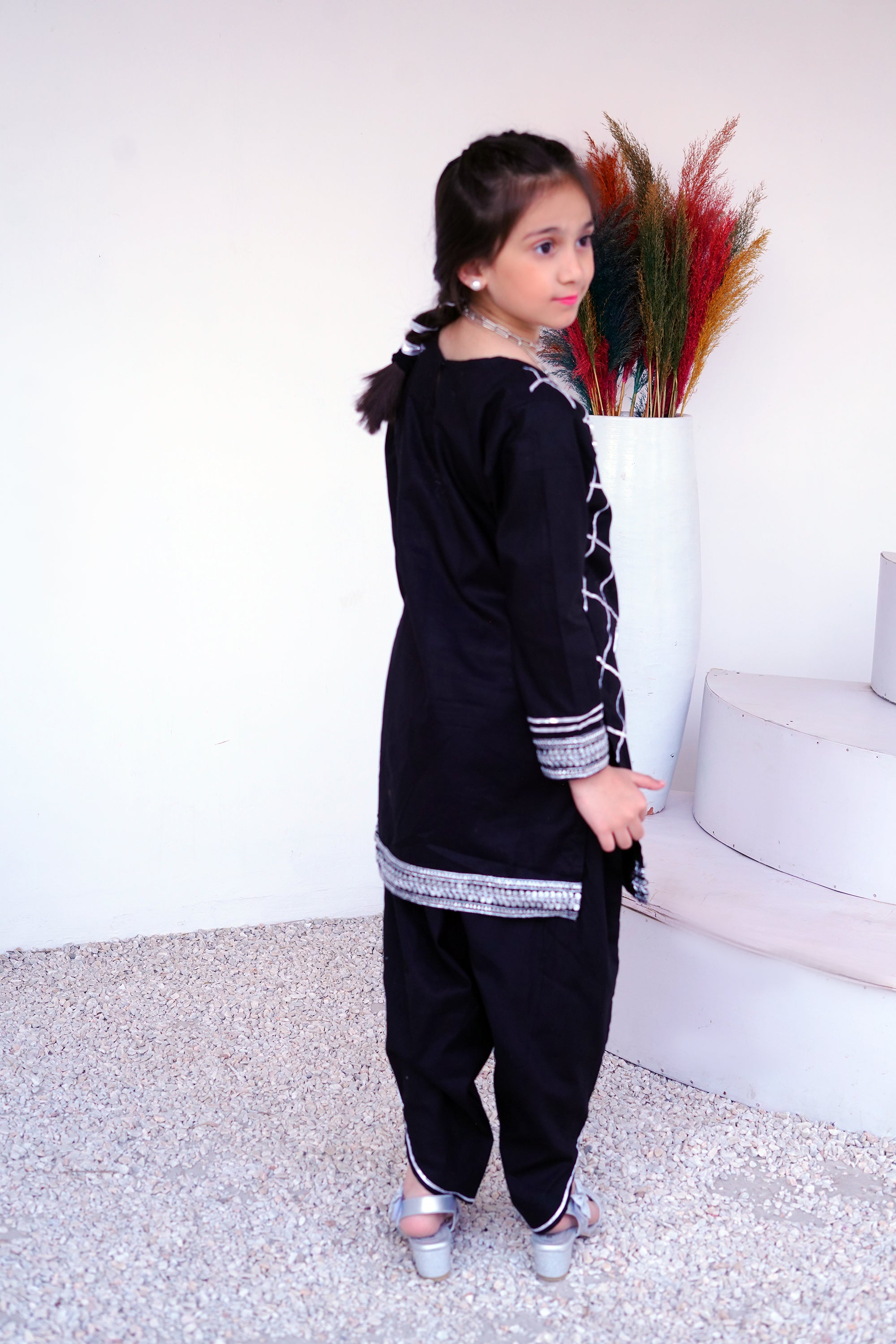 3 piece BLACK JET Cotton Tulip Suit with Black Silver net Dupatta & Silver Laces.(Stitch).