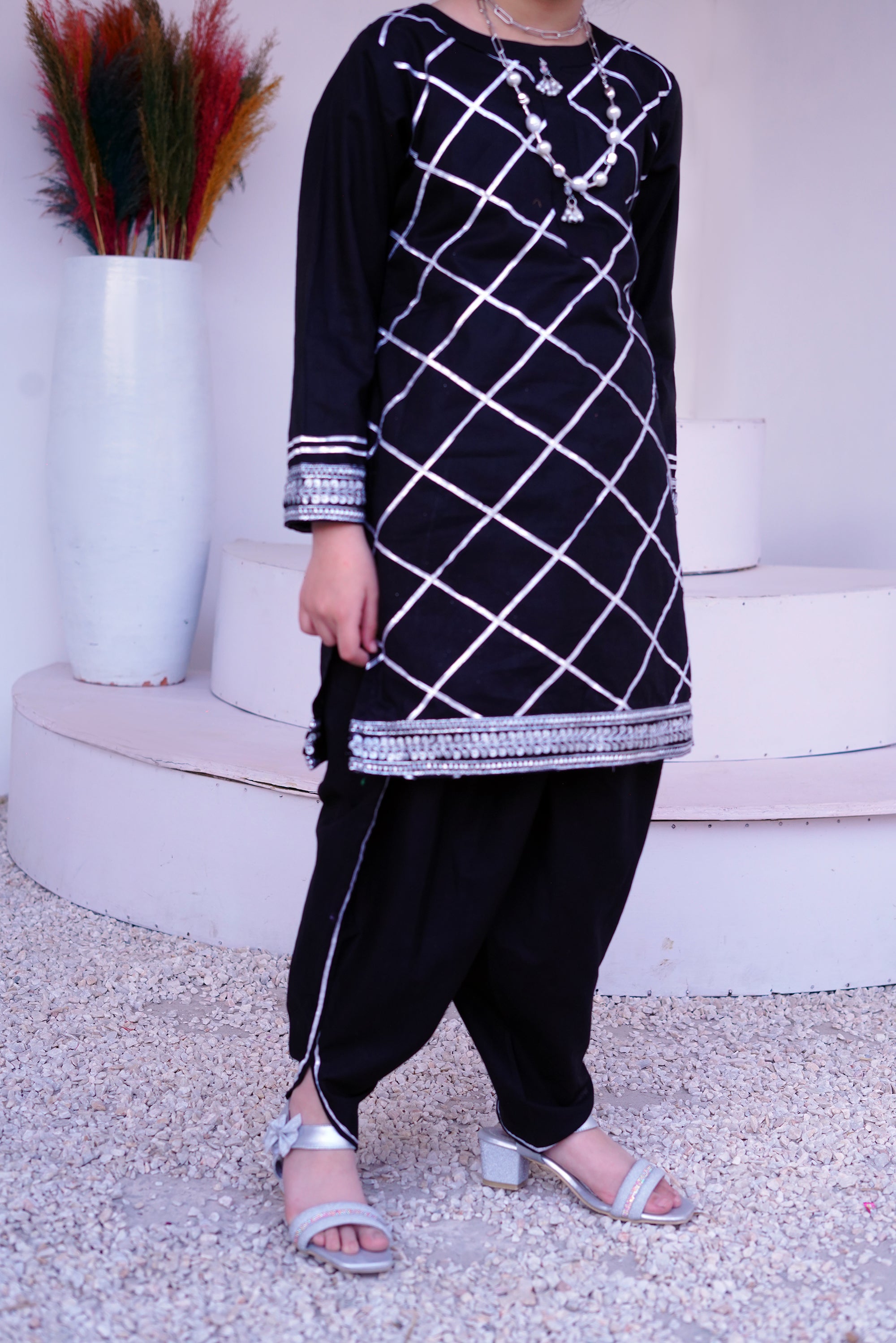 3 piece BLACK JET Cotton Tulip Suit with Black Silver net Dupatta & Silver Laces.(Stitch).