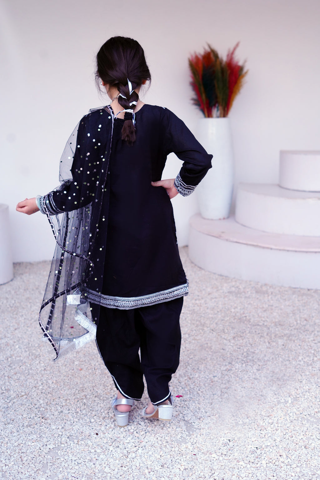3 piece BLACK JET Cotton Tulip Suit with Black Silver net Dupatta & Silver Laces.(Stitch).