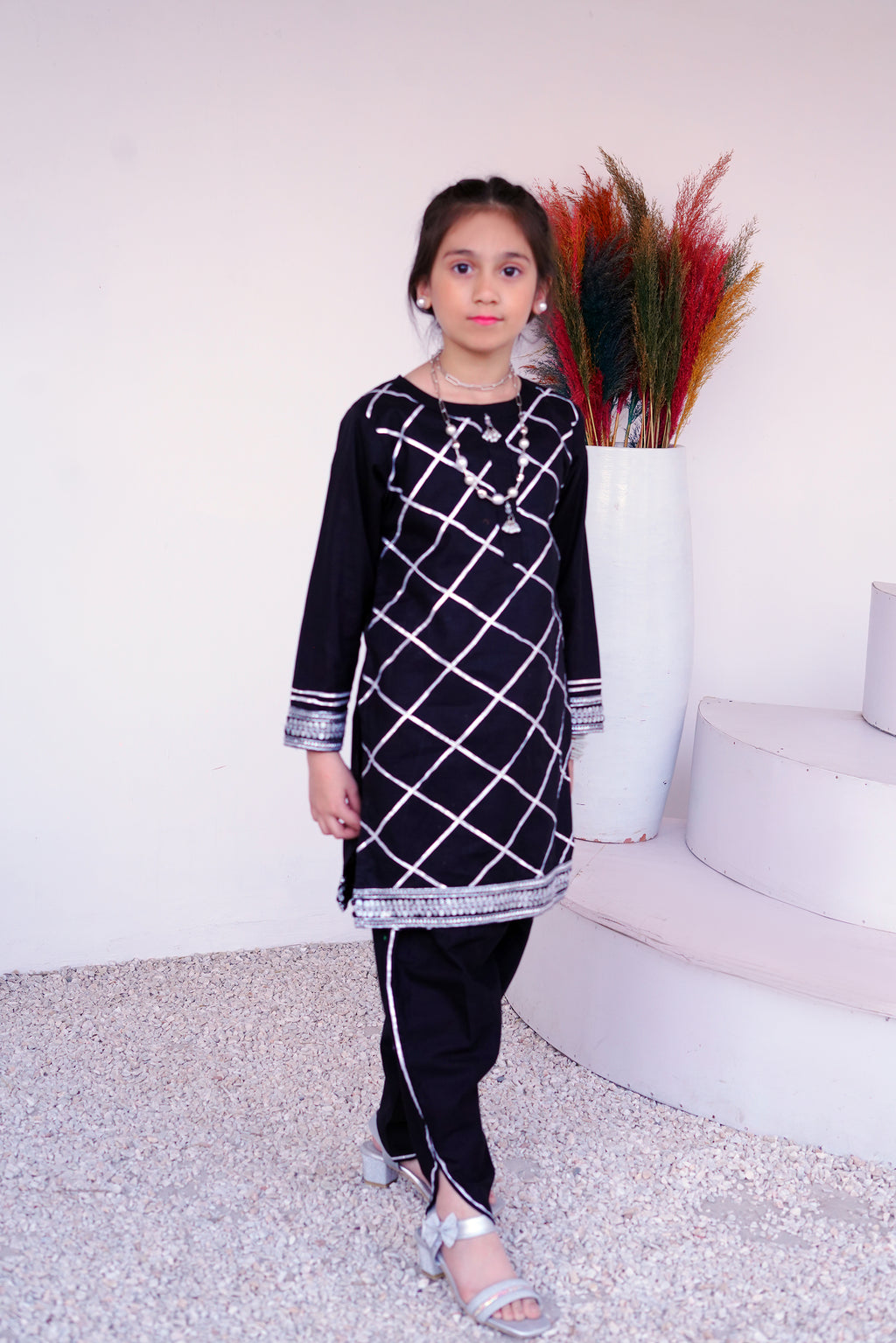3 piece BLACK JET Cotton Tulip Suit with Black Silver net Dupatta & Silver Laces.(Stitch).