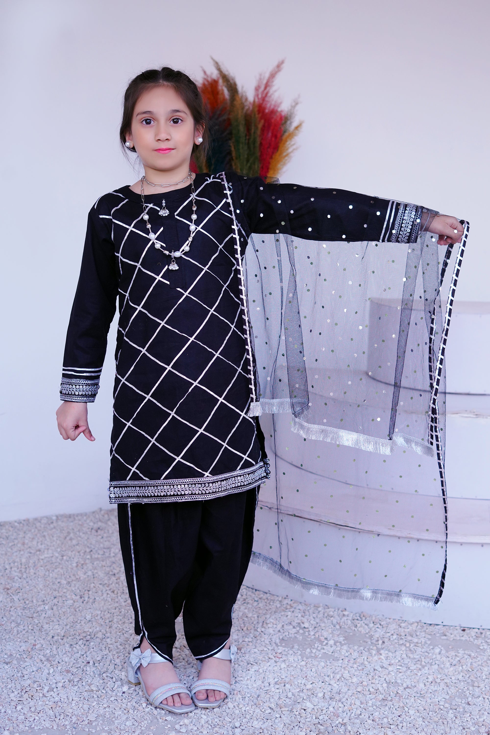 3 piece BLACK JET Cotton Tulip Suit with Black Silver net Dupatta & Silver Laces.(Stitch).