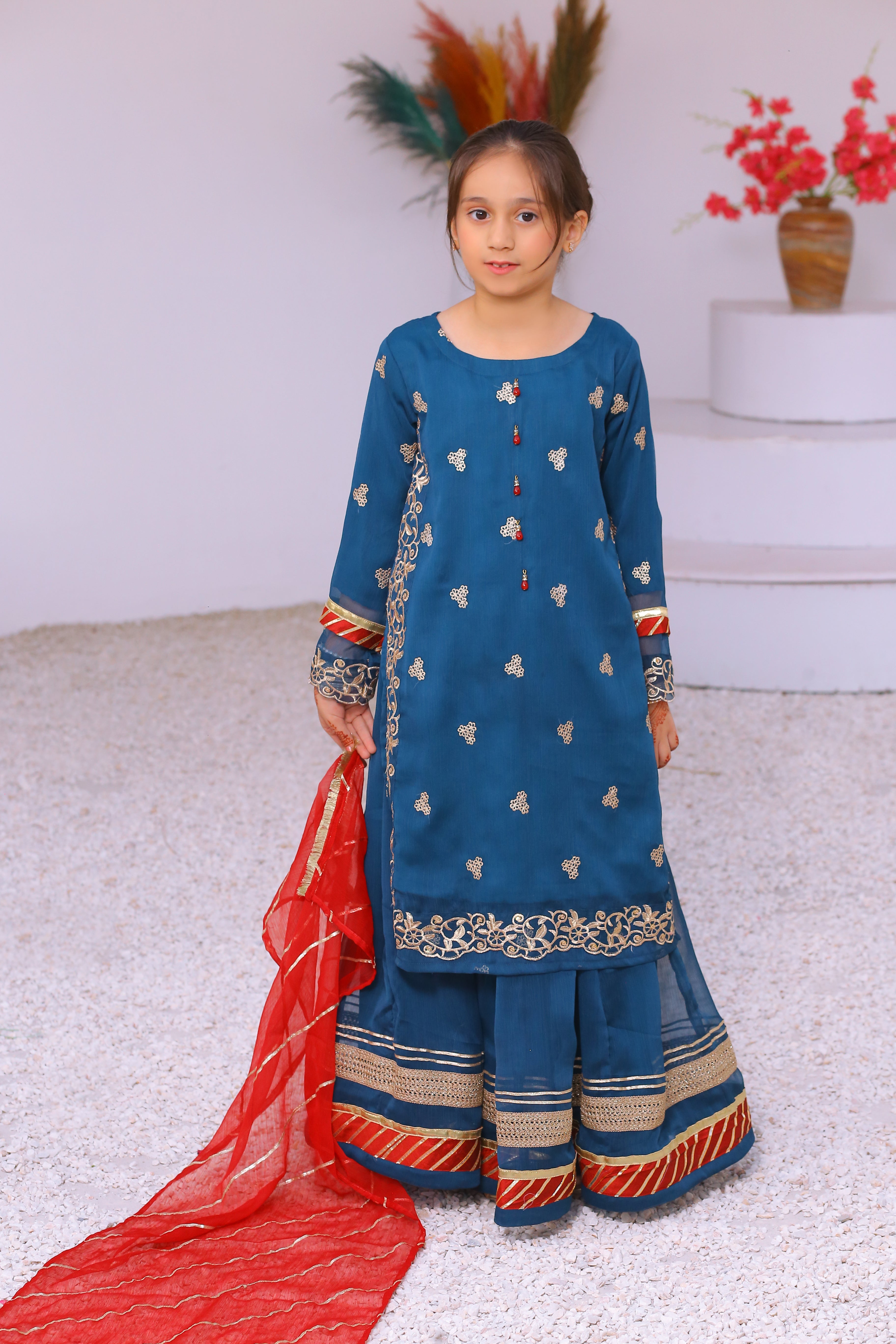 3 piece Peacock Embroidered Chiffon Long Shirt Lehenga Suit With Reddish Maroon Chiffon Dupatta & Golden Laces.(Stitch)