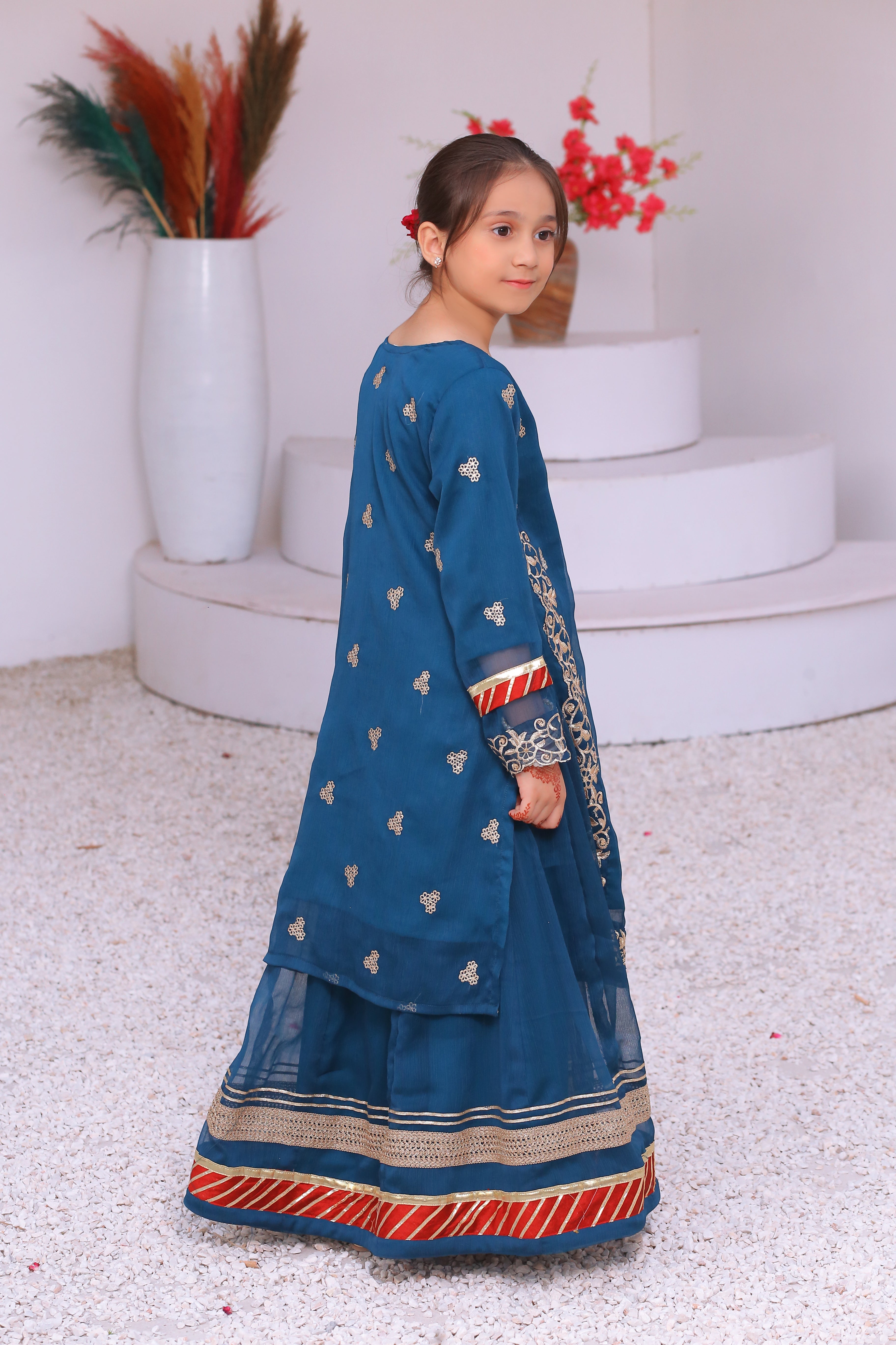 3 piece Peacock Embroidered Chiffon Long Shirt Lehenga Suit With Reddish Maroon Chiffon Dupatta & Golden Laces.(Stitch)