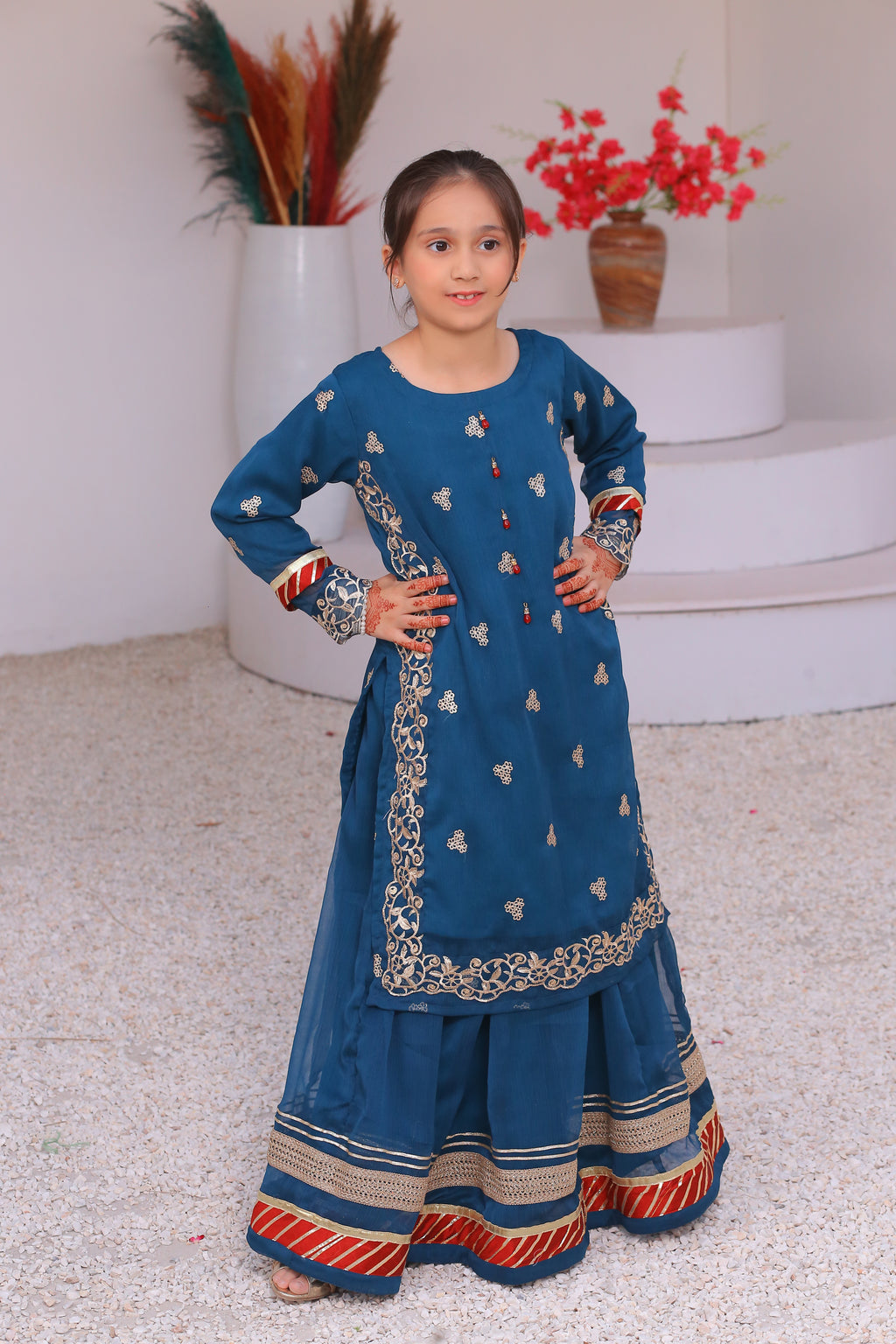 3 piece Peacock Embroidered Chiffon Long Shirt Lehenga Suit With Reddish Maroon Chiffon Dupatta & Golden Laces.(Stitch)