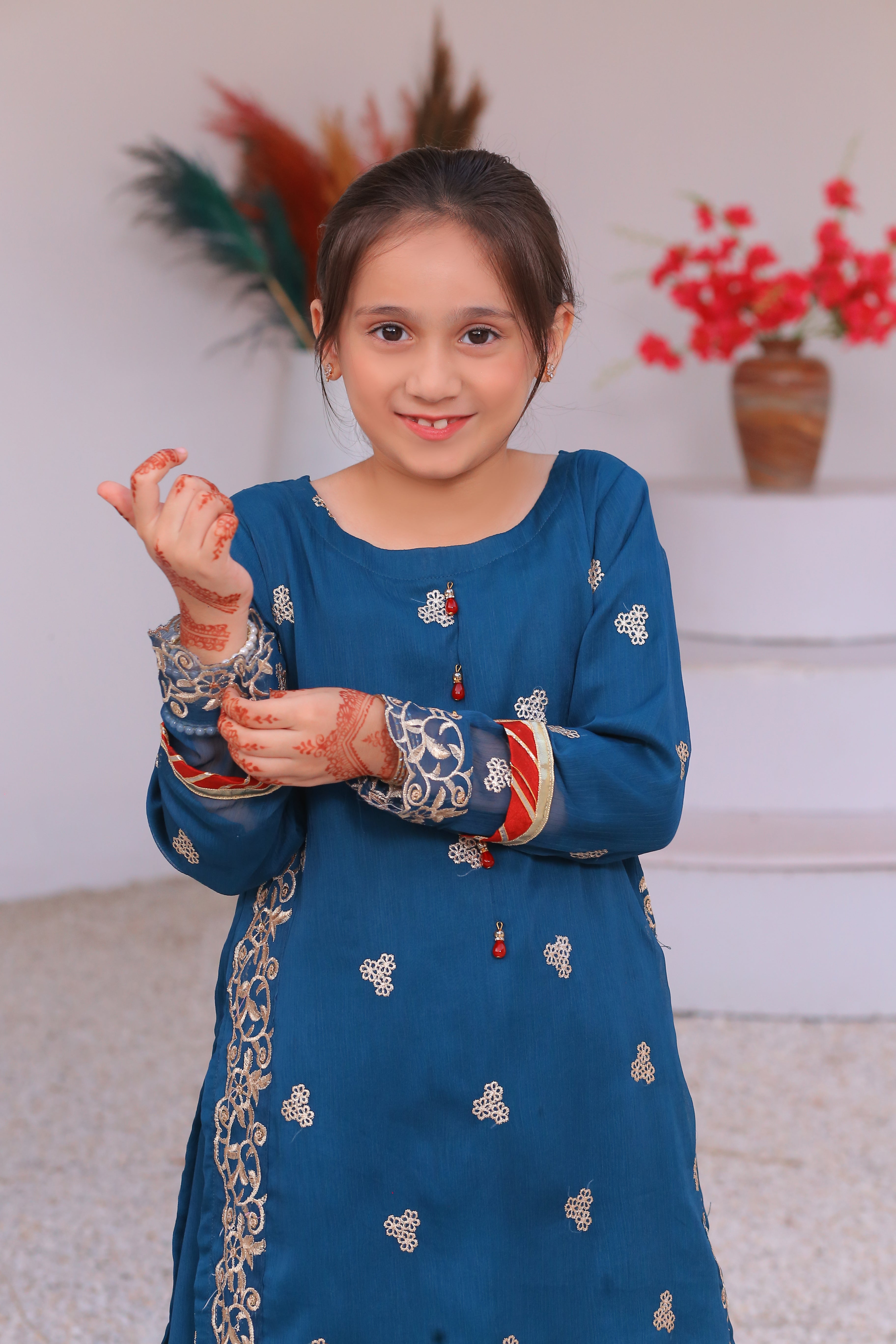 3 piece Peacock Embroidered Chiffon Long Shirt Lehenga Suit With Reddish Maroon Chiffon Dupatta & Golden Laces.(Stitch)