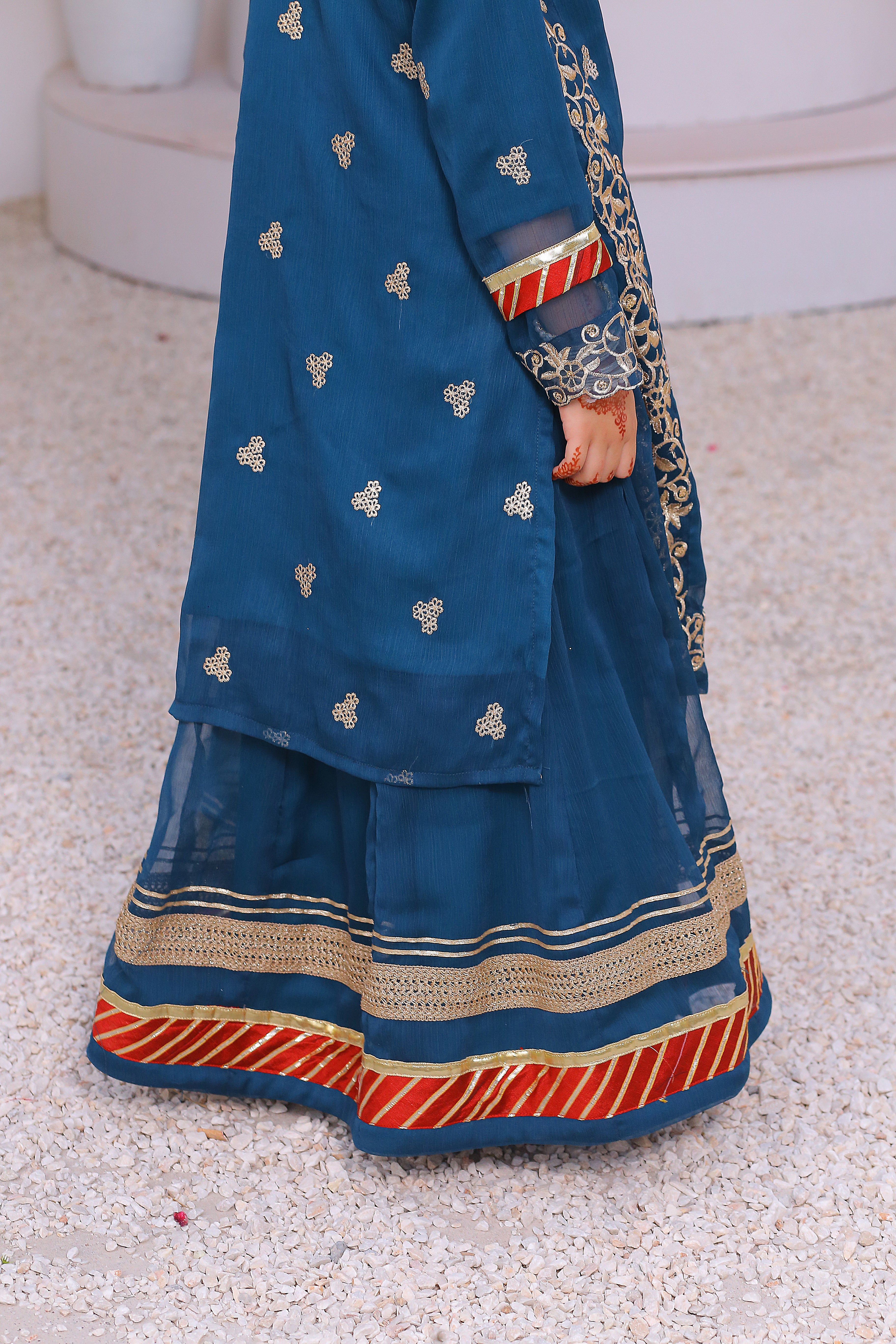 3 piece Peacock Embroidered Chiffon Long Shirt Lehenga Suit With Reddish Maroon Chiffon Dupatta & Golden Laces.(Stitch)