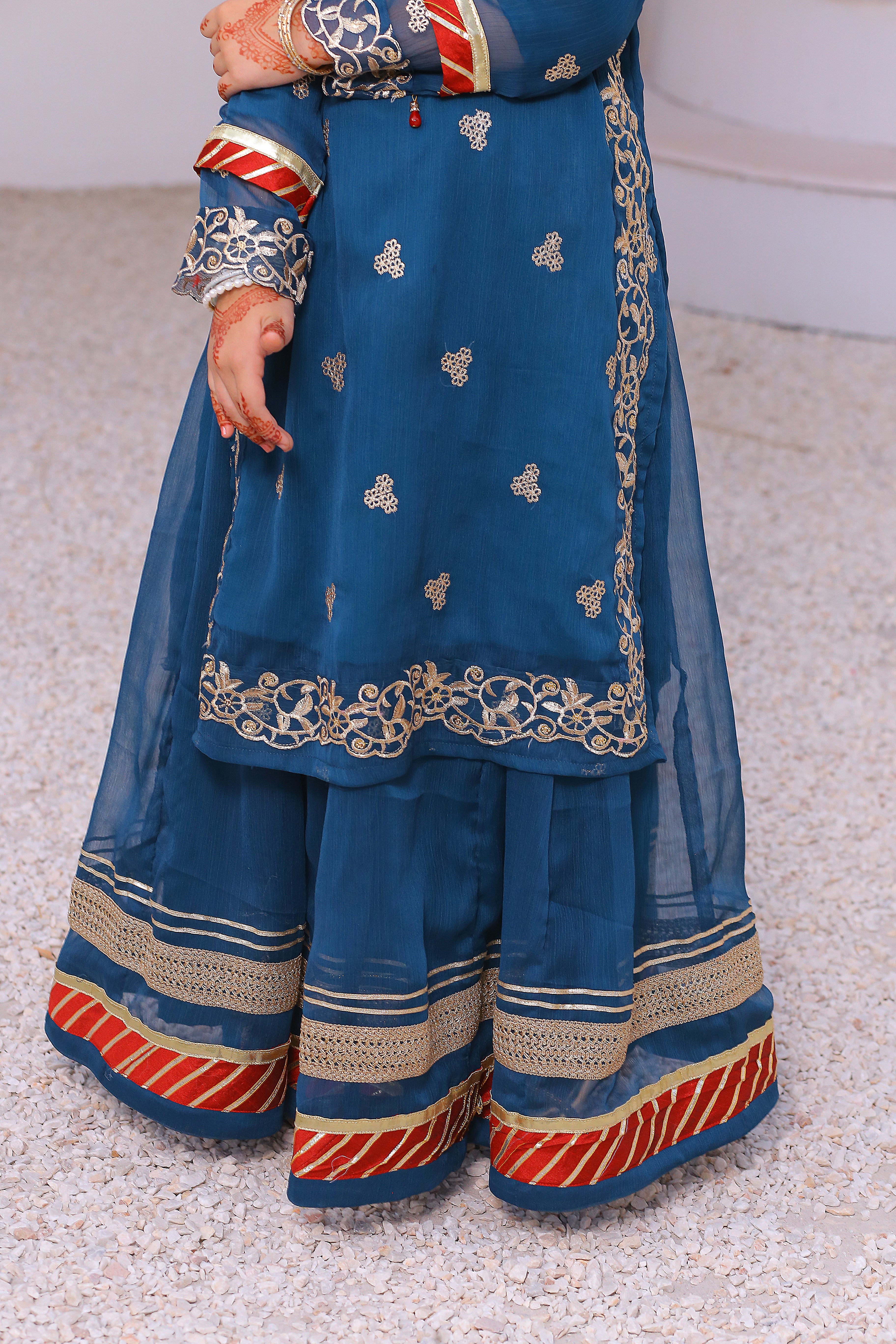 3 piece Peacock Embroidered Chiffon Long Shirt Lehenga Suit With Reddish Maroon Chiffon Dupatta & Golden Laces.(Stitch)