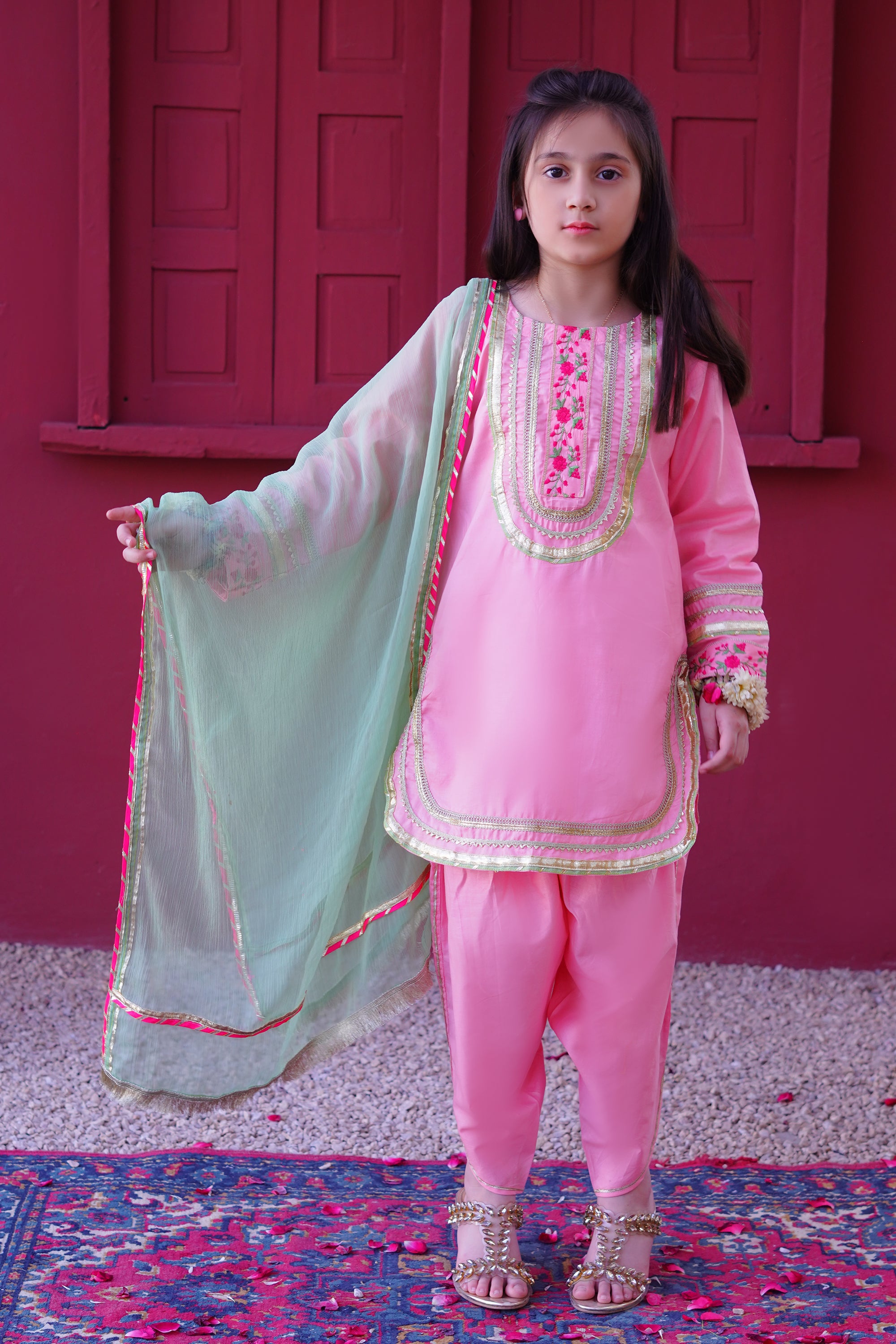 3 piece Baby Pink Embroidered Cotton Tulip Suit with Pistachio Green Chiffon Dupatta & Laces.(Stitch).