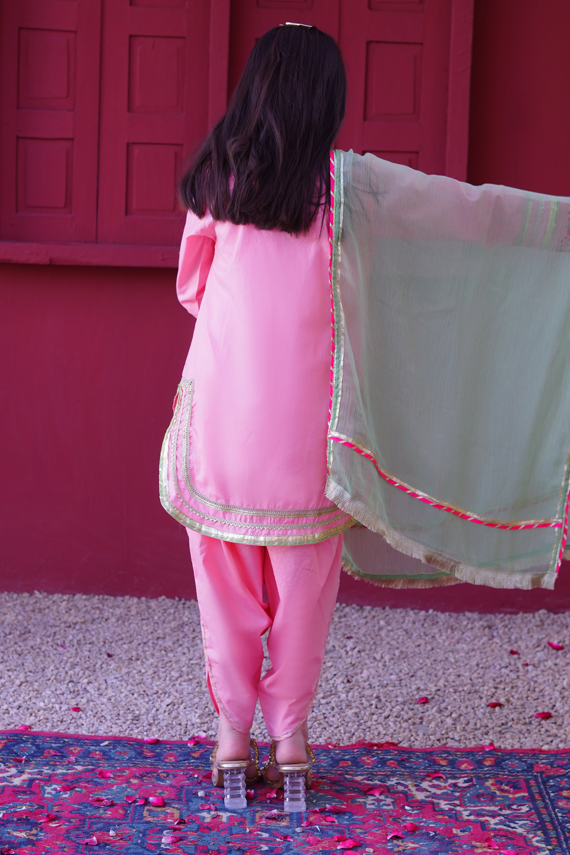 3 piece Baby Pink Embroidered Cotton Tulip Suit with Pistachio Green Chiffon Dupatta & Laces.(Stitch).