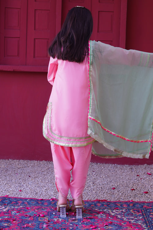 3 piece Baby Pink Embroidered Cotton Tulip Suit with Pistachio Green Chiffon Dupatta & Laces.(Stitch).
