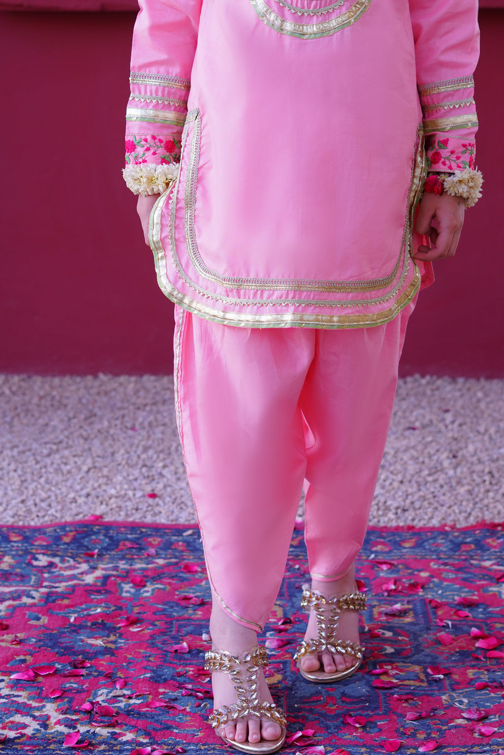 3 piece Baby Pink Embroidered Cotton Tulip Suit with Pistachio Green Chiffon Dupatta & Laces.(Stitch).