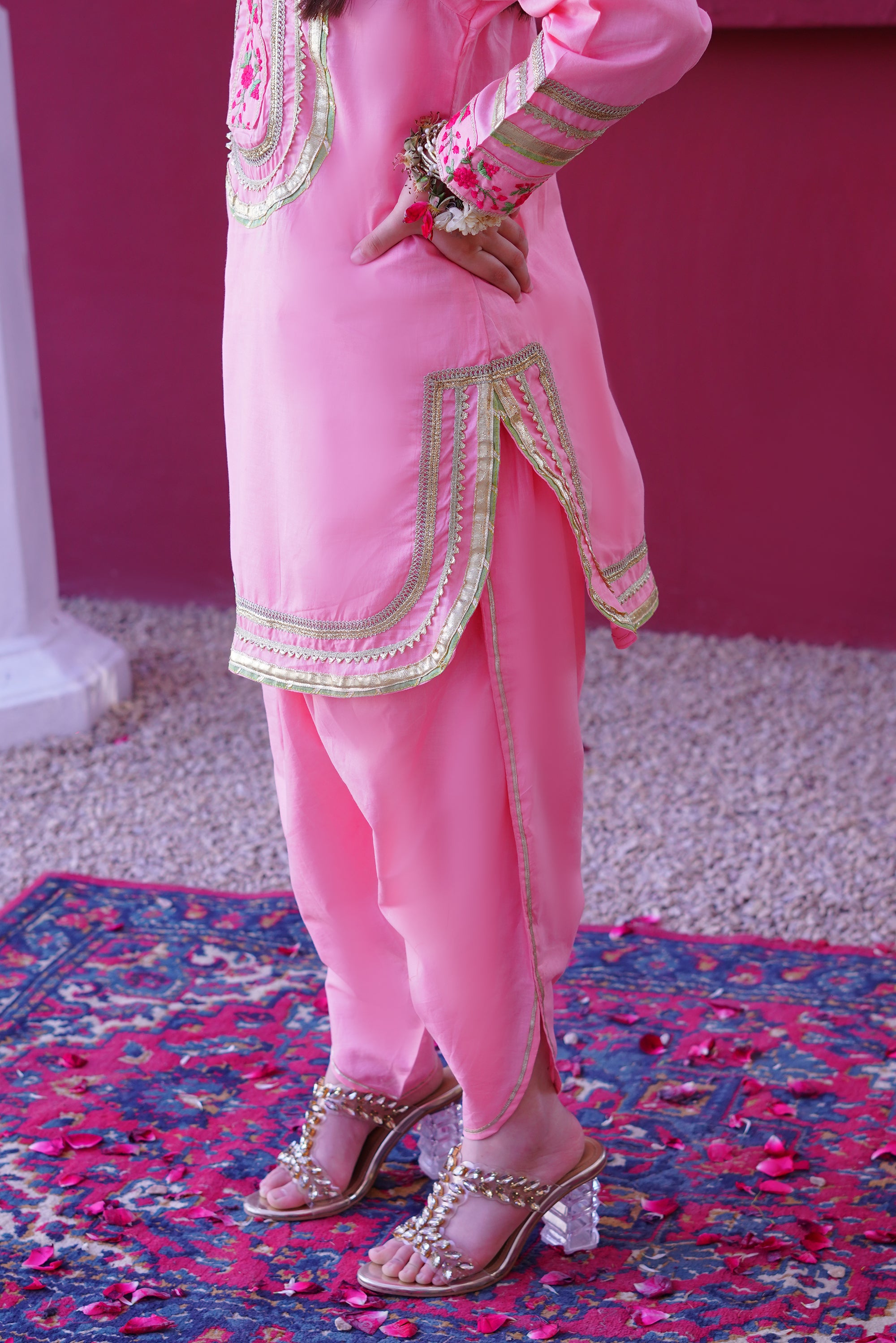 3 piece Baby Pink Embroidered Cotton Tulip Suit with Pistachio Green Chiffon Dupatta & Laces.(Stitch).