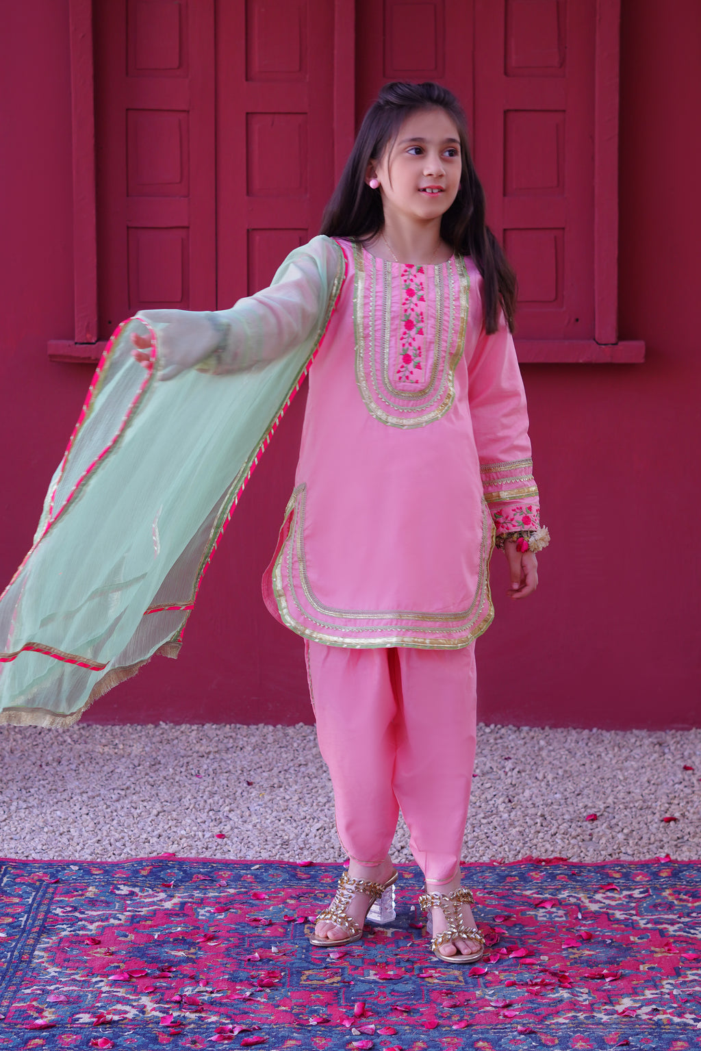 3 piece Baby Pink Embroidered Cotton Tulip Suit with Pistachio Green Chiffon Dupatta & Laces.(Stitch).