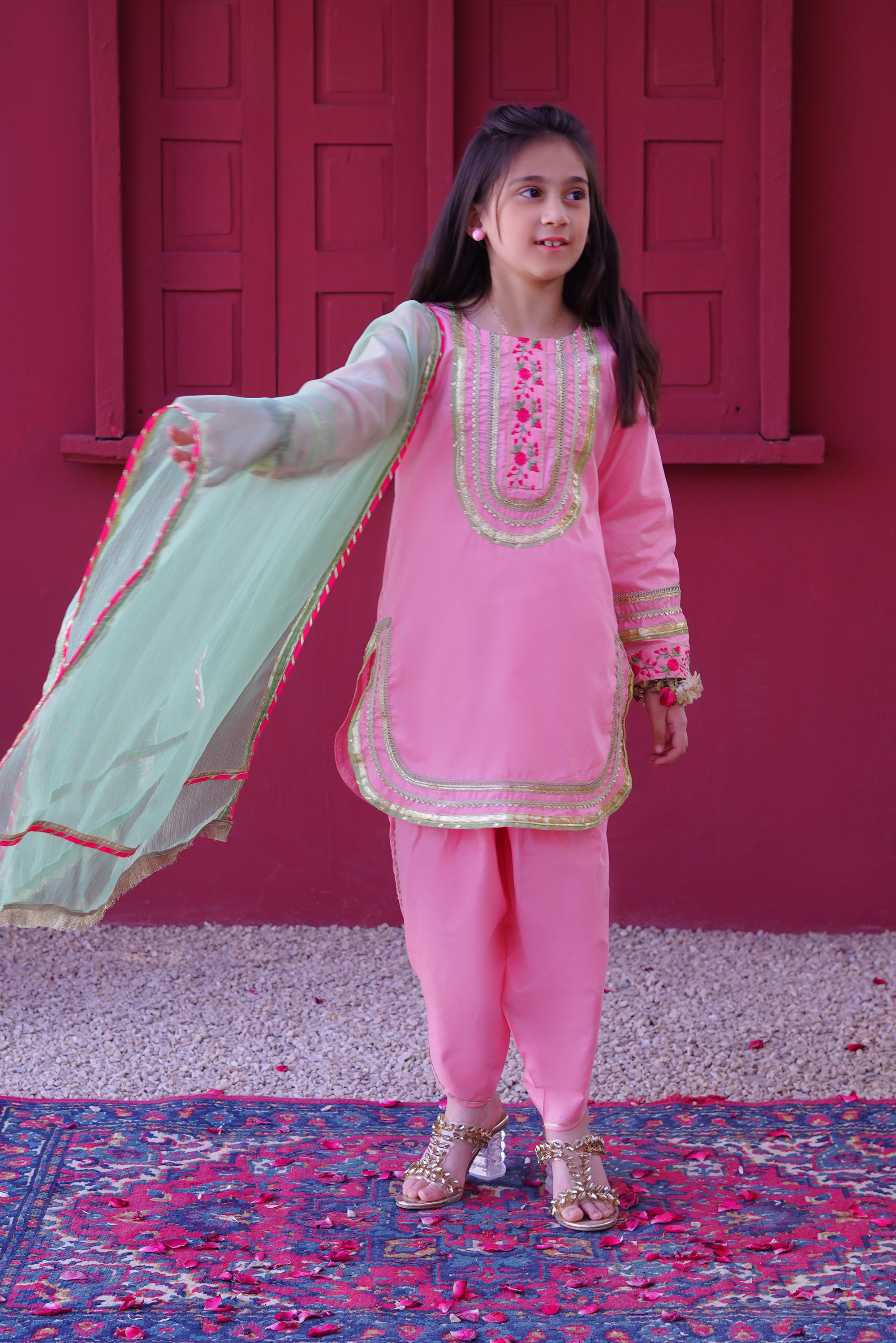 3 piece Baby Pink Embroidered Cotton Tulip Suit with Pistachio Green Chiffon Dupatta & Laces.(Stitch).