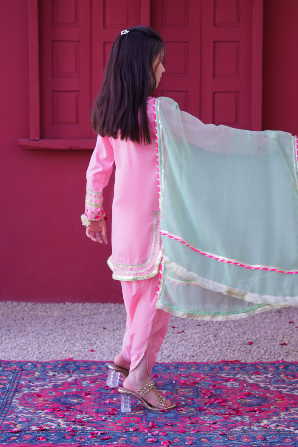 3 piece Baby Pink Embroidered Cotton Tulip Suit with Pistachio Green Chiffon Dupatta & Laces.(Stitch).
