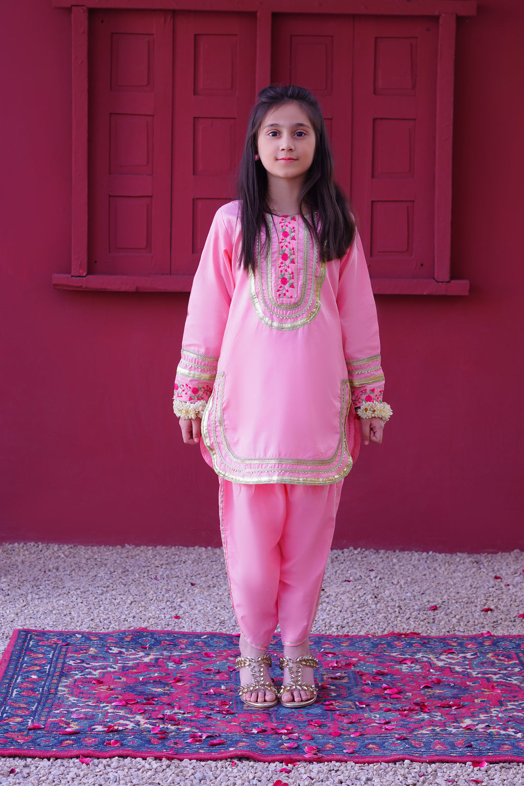 3 piece Baby Pink Embroidered Cotton Tulip Suit with Pistachio Green Chiffon Dupatta & Laces.(Stitch).