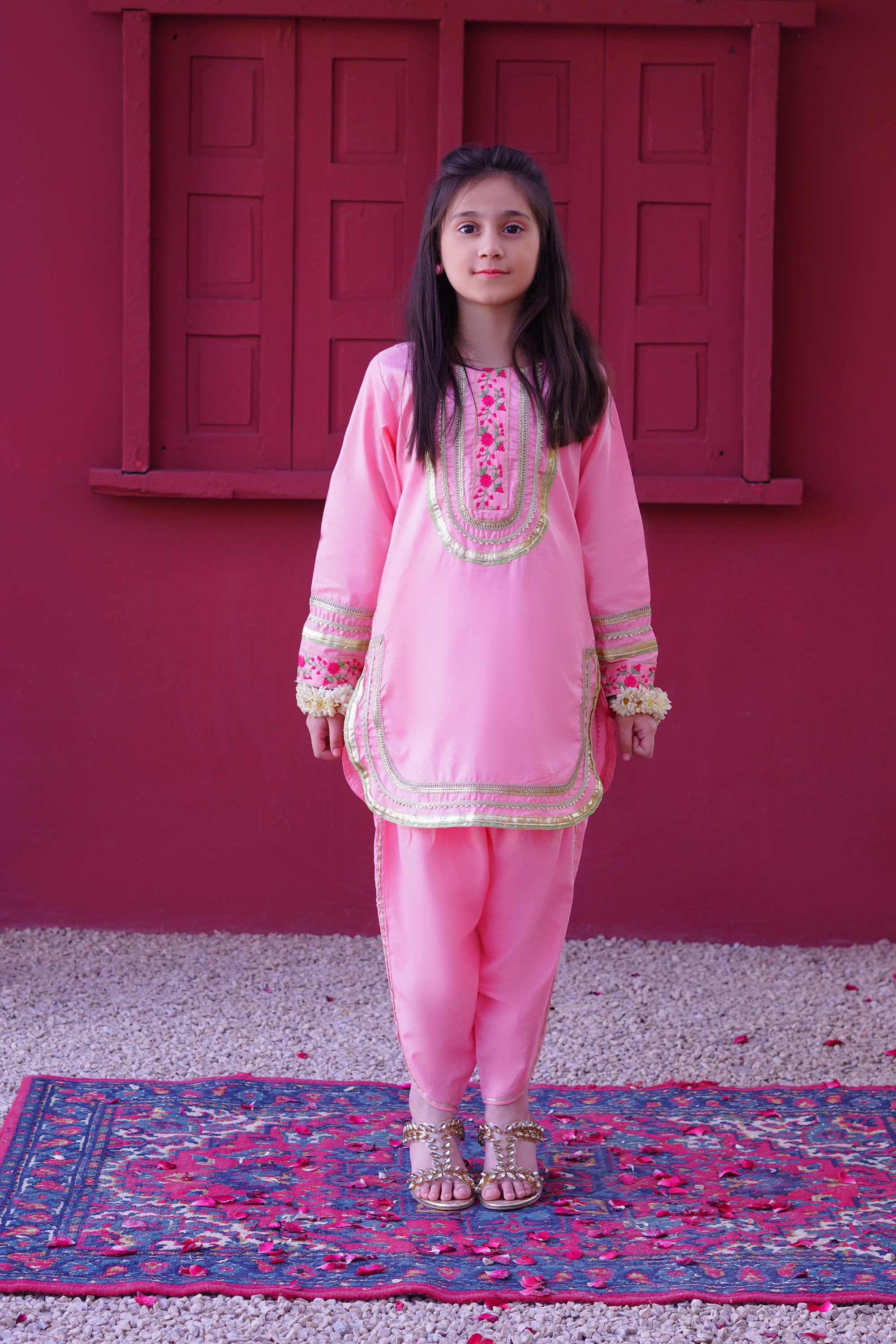 3 piece Baby Pink Embroidered Cotton Tulip Suit with Pistachio Green Chiffon Dupatta & Laces.(Stitch).