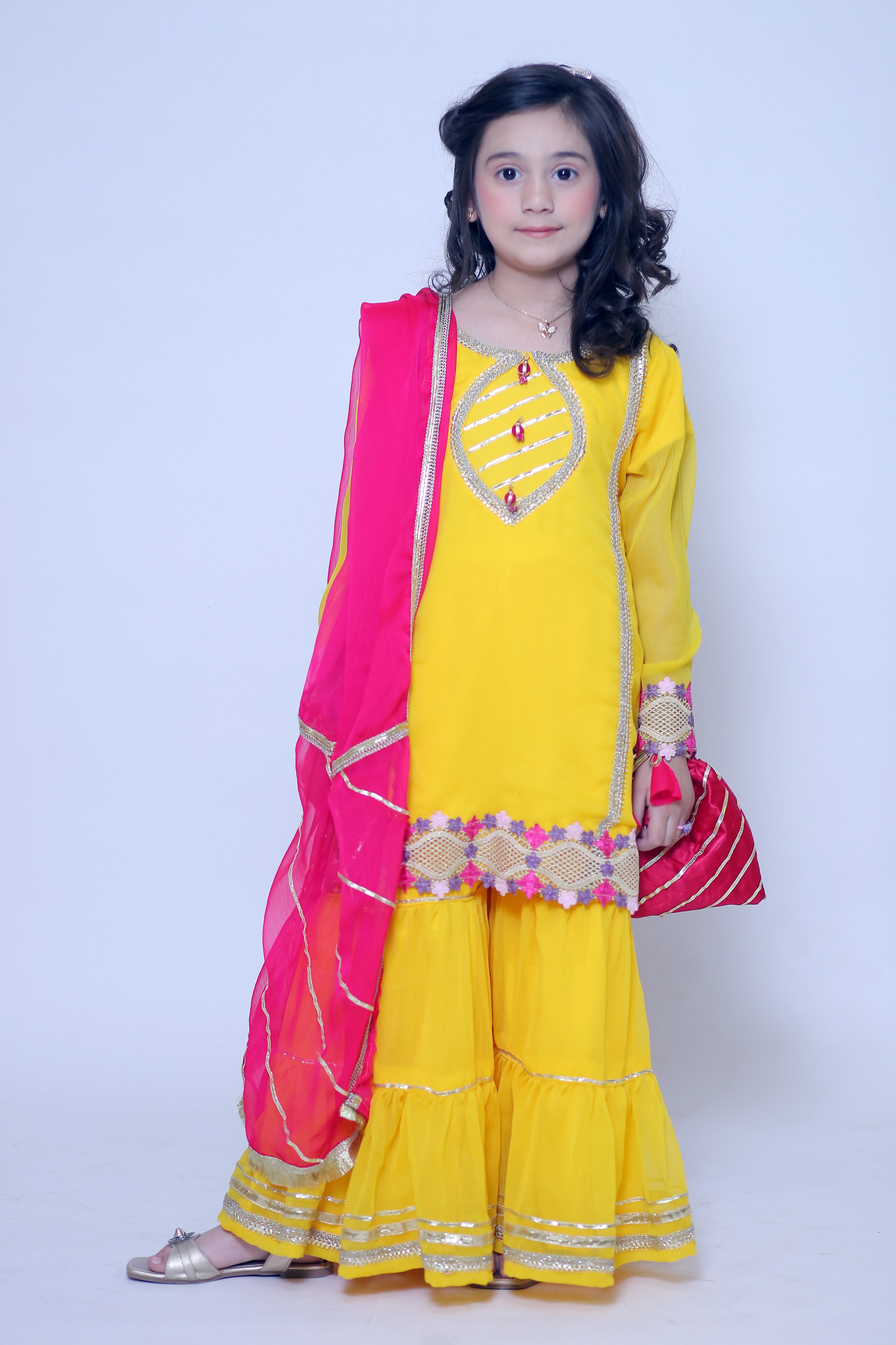 3 piece Beautiful Stunning Yellow Chiffon Gharara Suit with Shocking Pink Chiffon Dupatta & multicolor Laces.(Stitch)