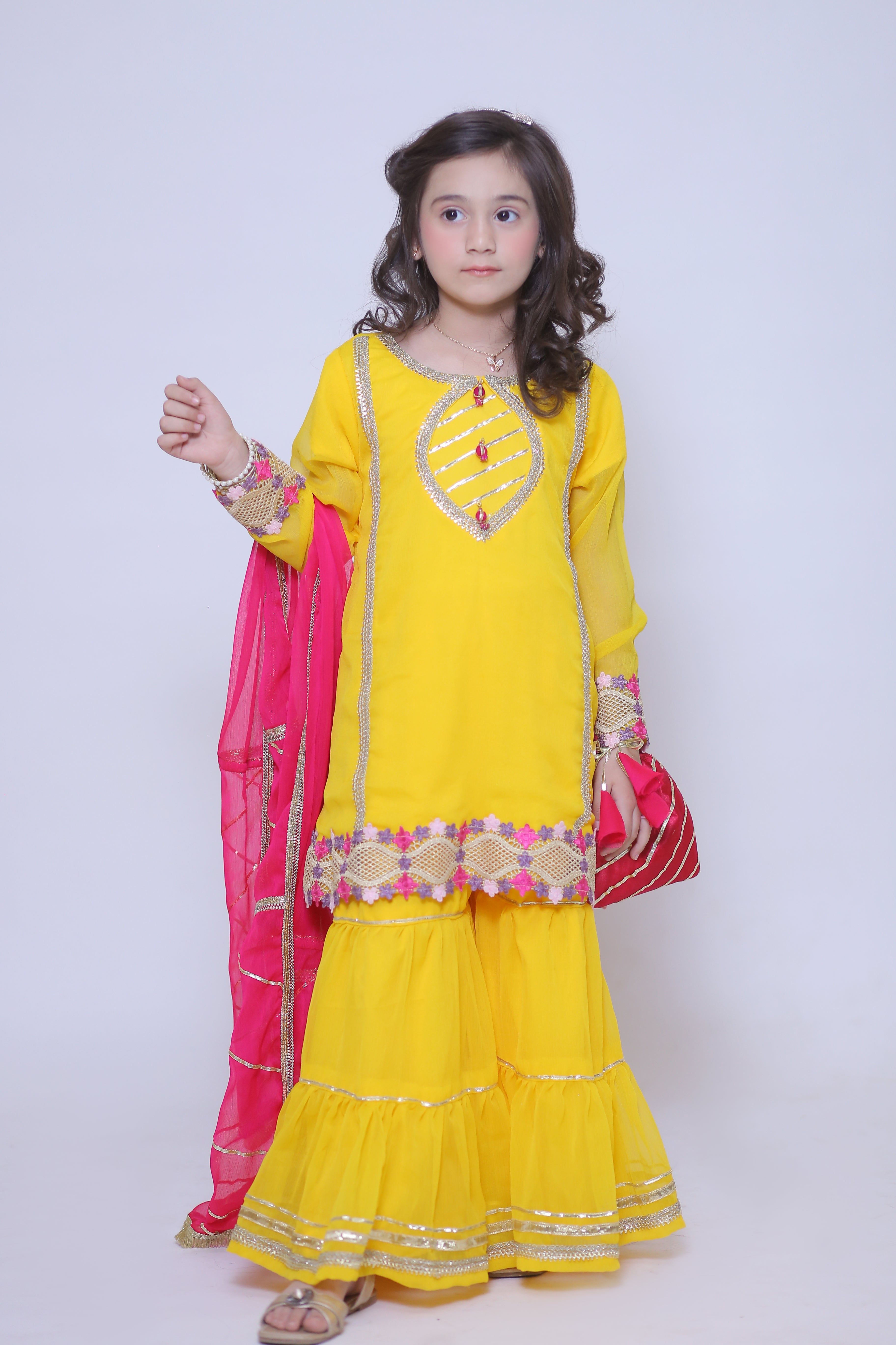 3 piece Beautiful Stunning Yellow Chiffon Gharara Suit with Shocking Pink Chiffon Dupatta & multicolor Laces.(Stitch)