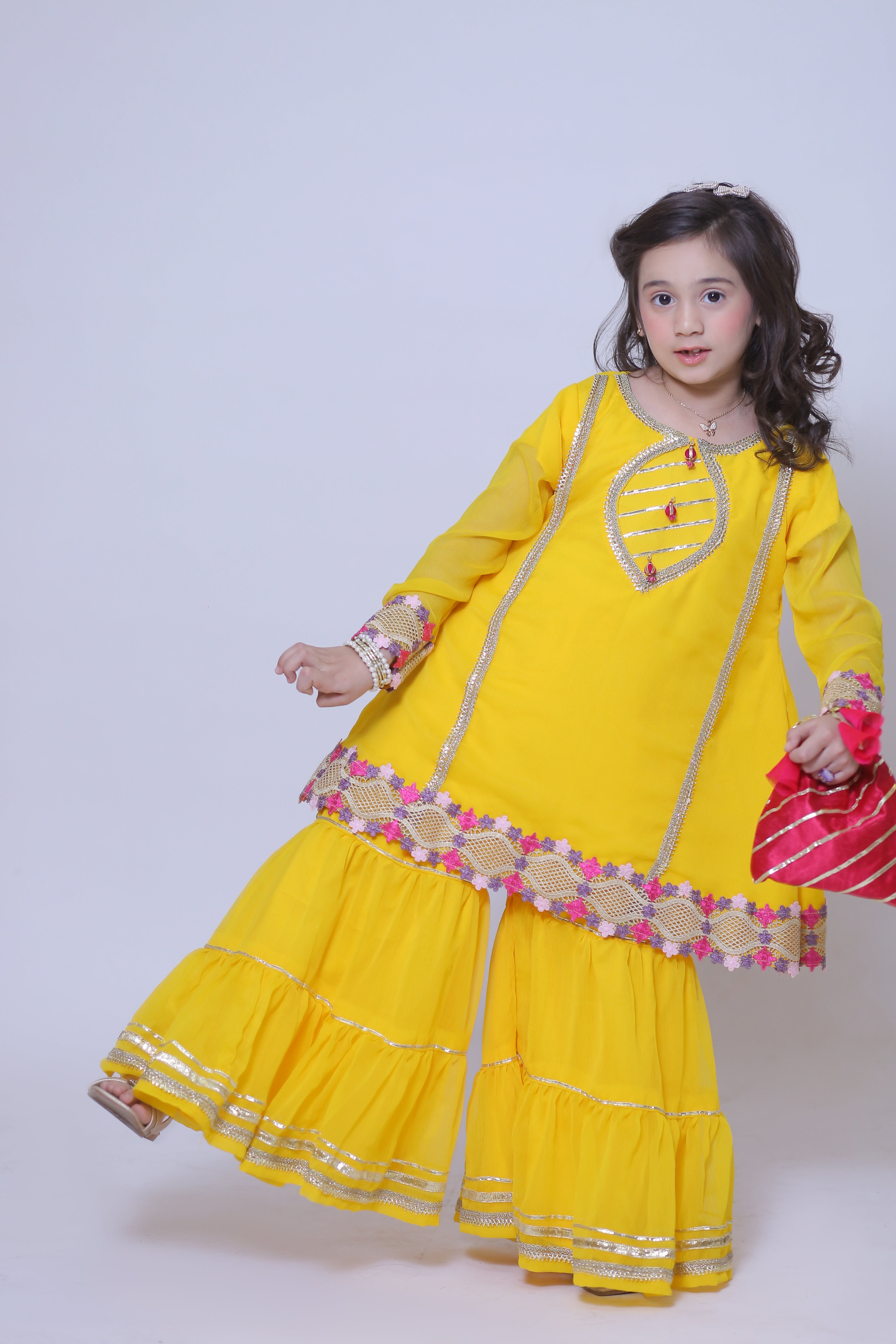 3 piece Beautiful Stunning Yellow Chiffon Gharara Suit with Shocking Pink Chiffon Dupatta & multicolor Laces.(Stitch)
