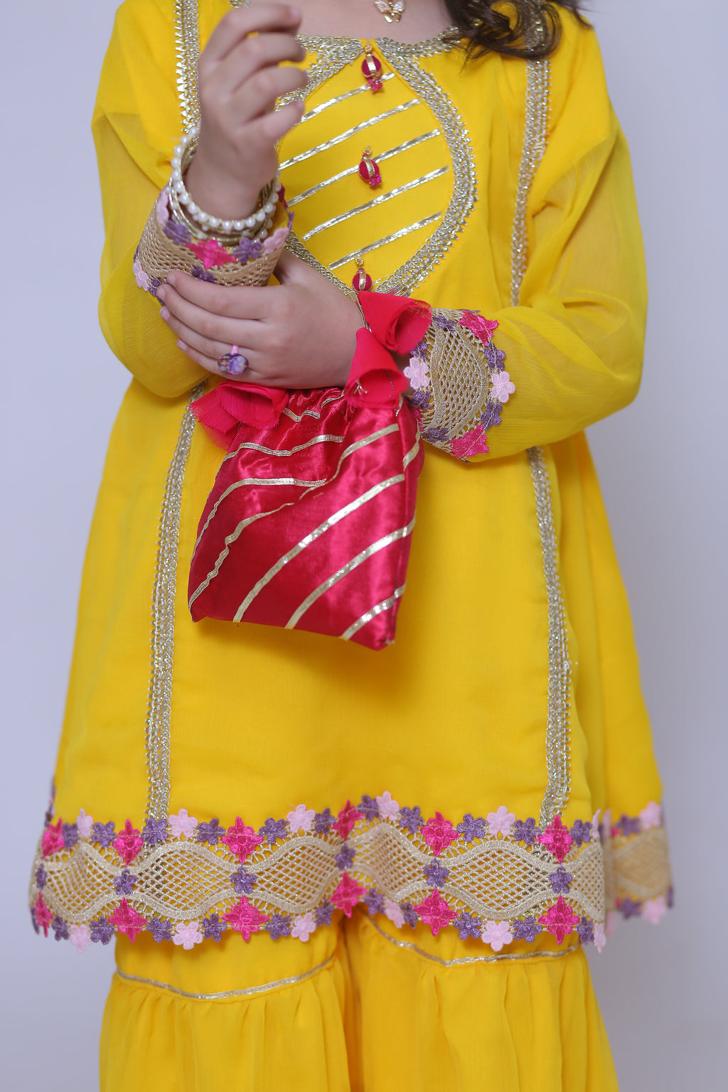 3 piece Beautiful Stunning Yellow Chiffon Gharara Suit with Shocking Pink Chiffon Dupatta & multicolor Laces.(Stitch)