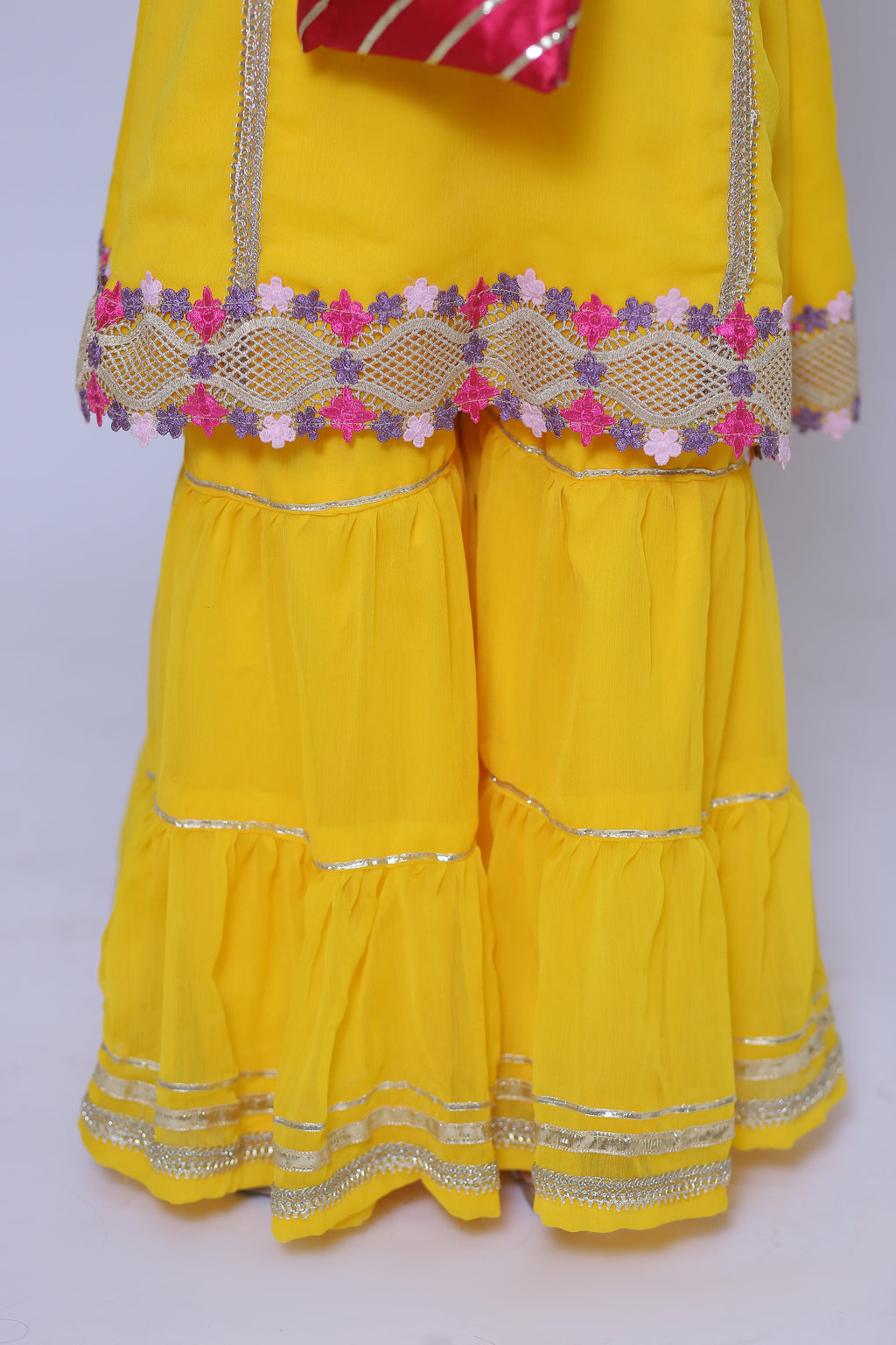 3 piece Beautiful Stunning Yellow Chiffon Gharara Suit with Shocking Pink Chiffon Dupatta & multicolor Laces.(Stitch)