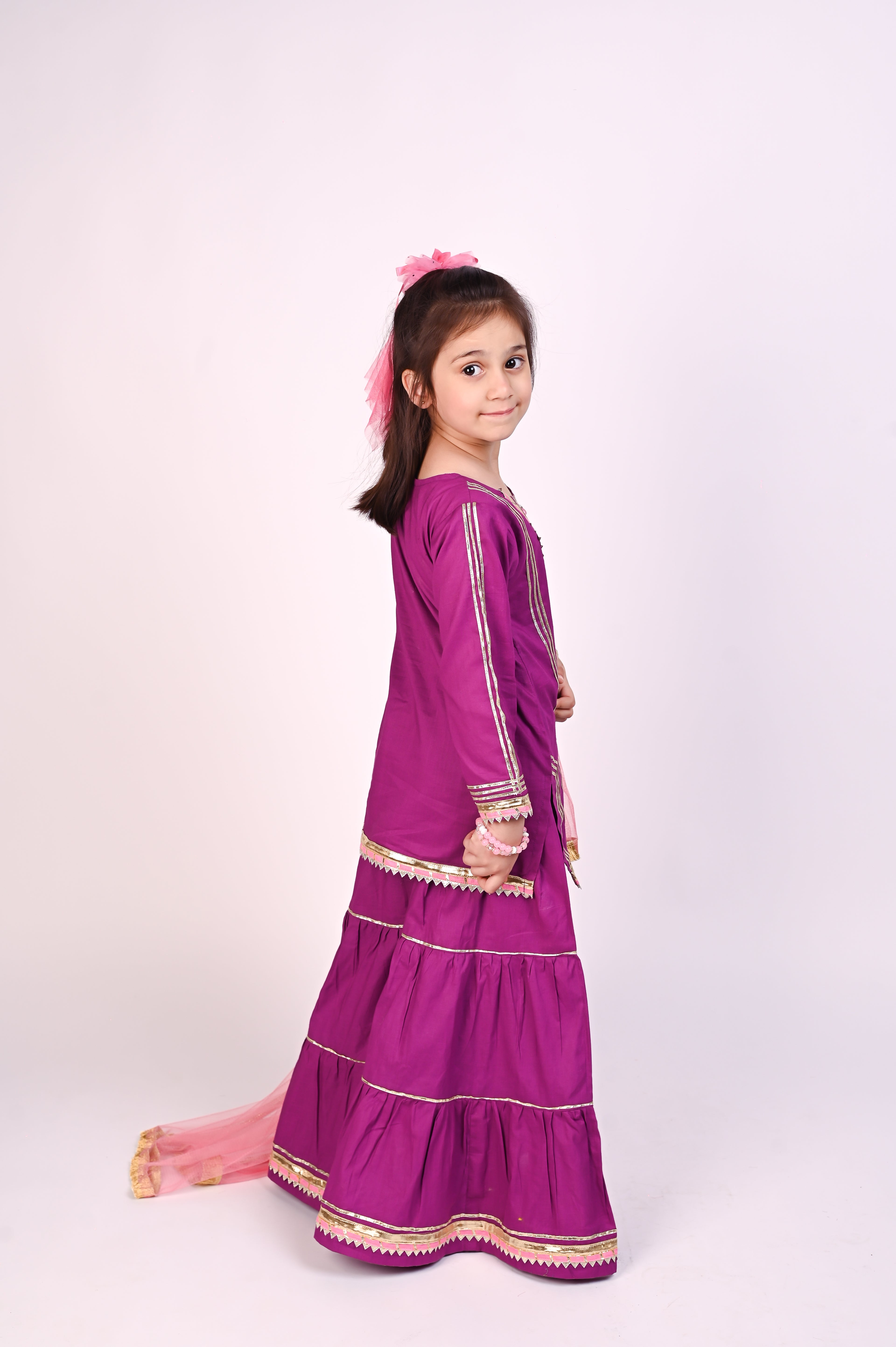 3 piece Stunning Purple Cotton Gharara Suit with Baby Pink Net Dupatta & Baby Pink Laces.(Stitch)