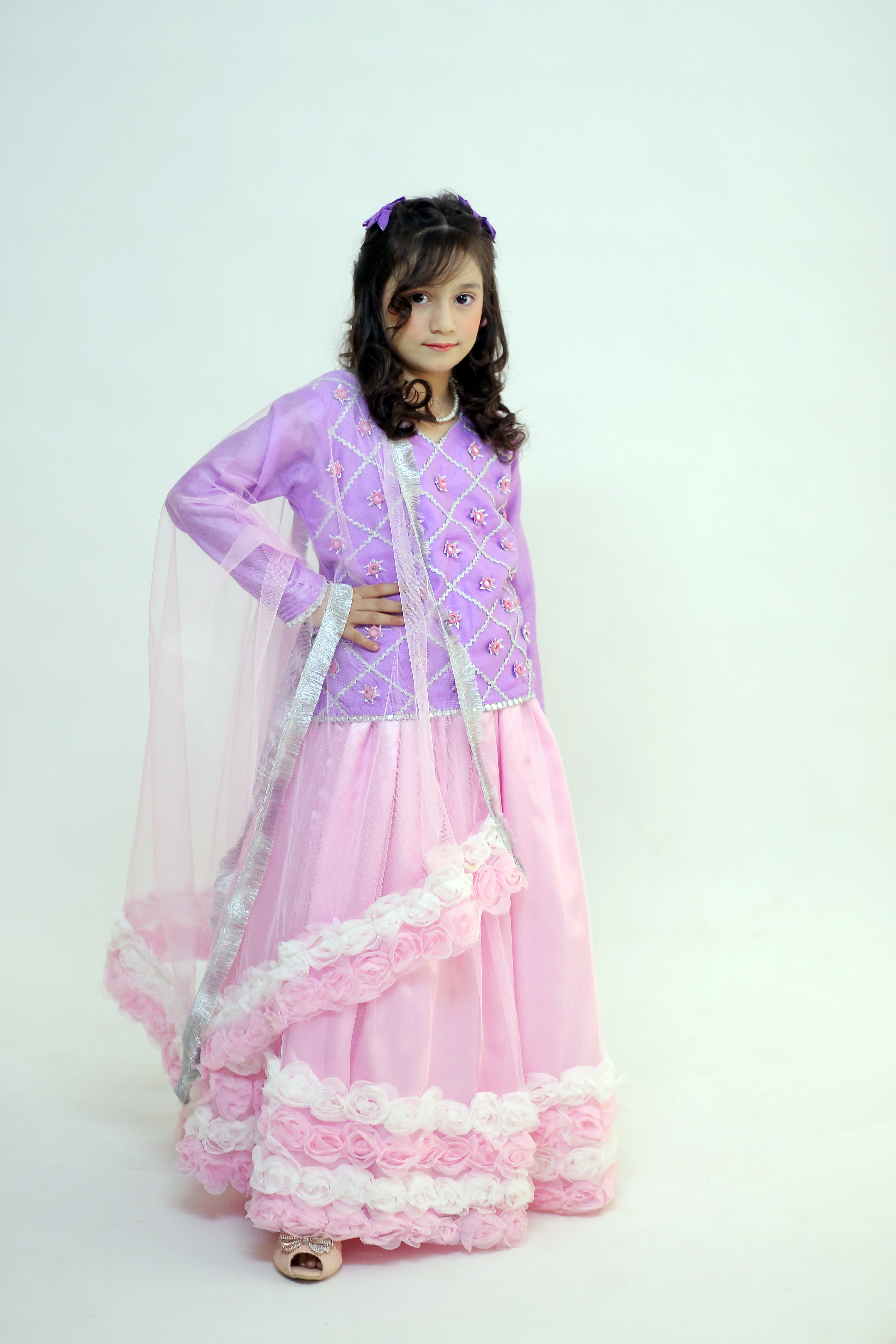 3 piece Light Purple Shirt with Baby Pink Floral Lehenga & Baby Pink Floral Dupatta.(Stitch).
