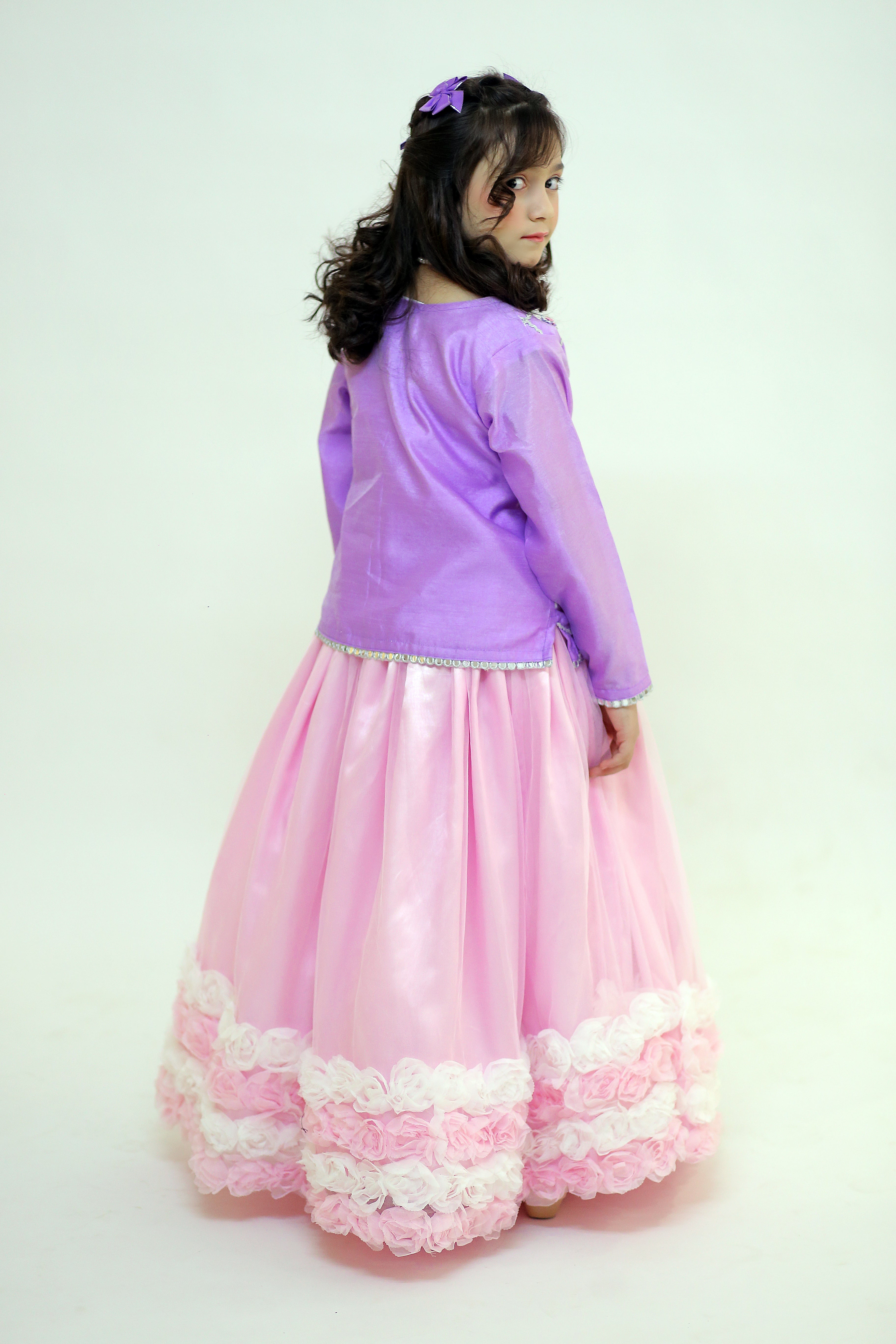 3 piece Light Purple Shirt with Baby Pink Floral Lehenga & Baby Pink Floral Dupatta.(Stitch).