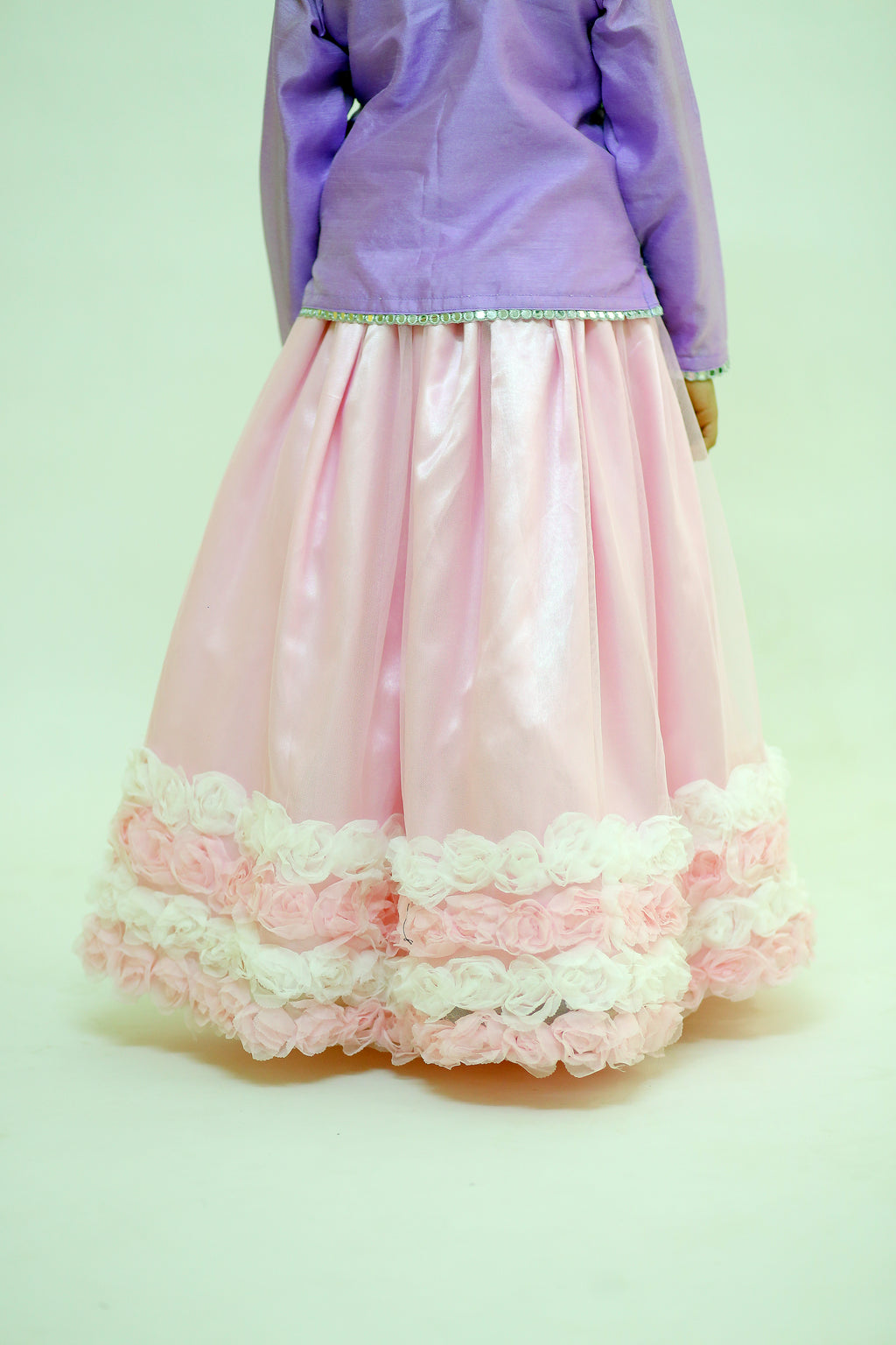 3 piece Light Purple Shirt with Baby Pink Floral Lehenga & Baby Pink Floral Dupatta.(Stitch).