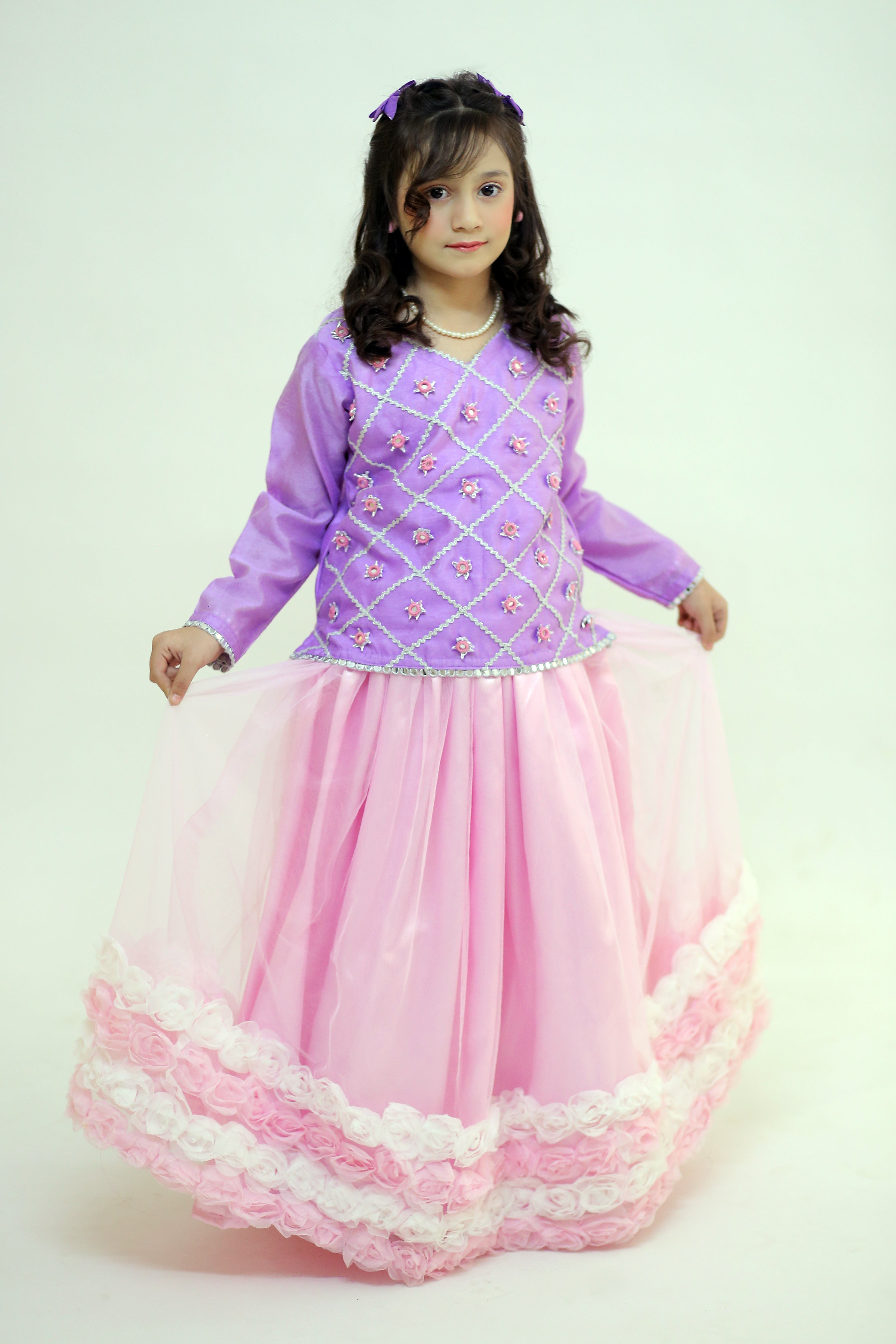 3 piece Light Purple Shirt with Baby Pink Floral Lehenga & Baby Pink Floral Dupatta.(Stitch).