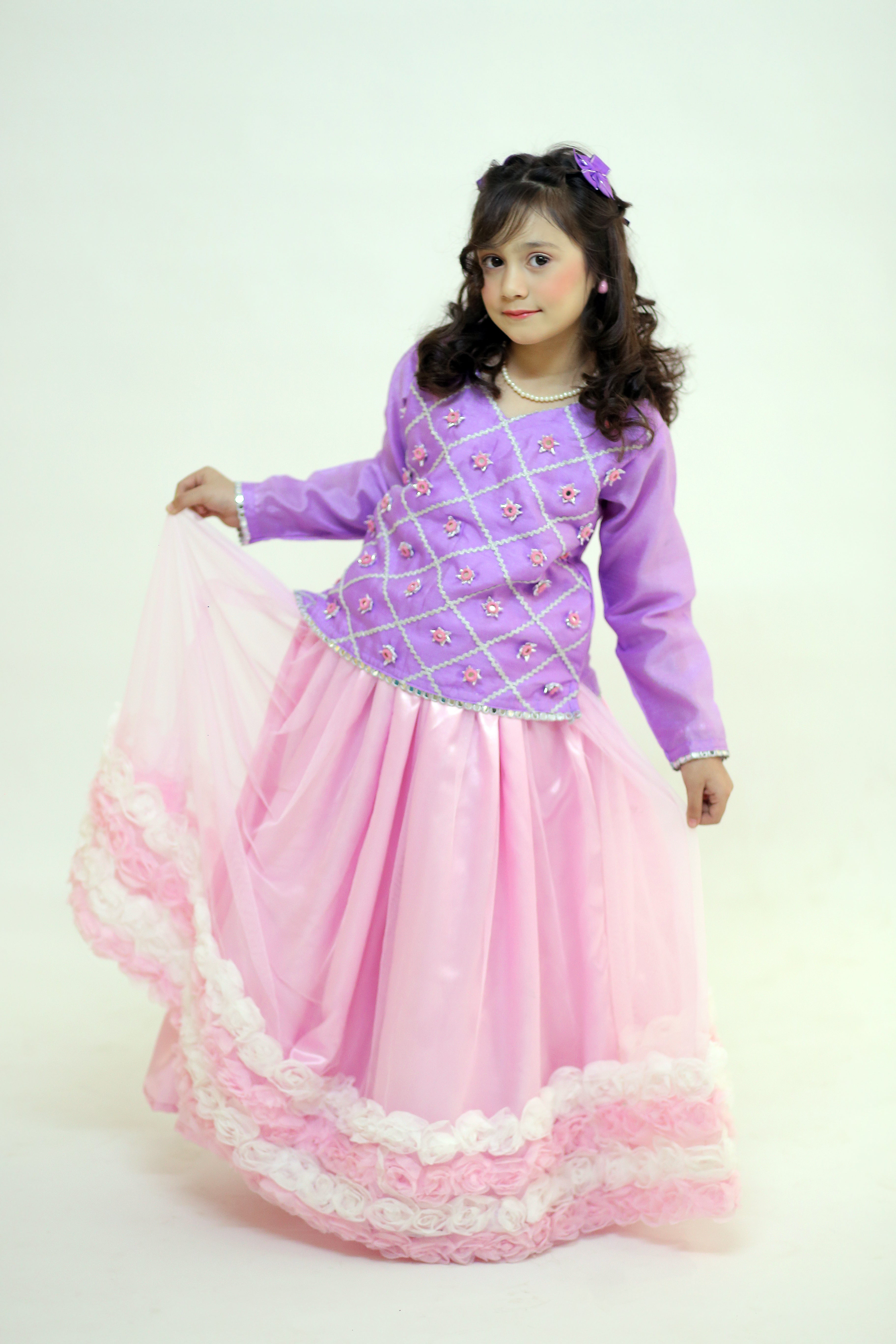 3 piece Light Purple Shirt with Baby Pink Floral Lehenga & Baby Pink Floral Dupatta.(Stitch).