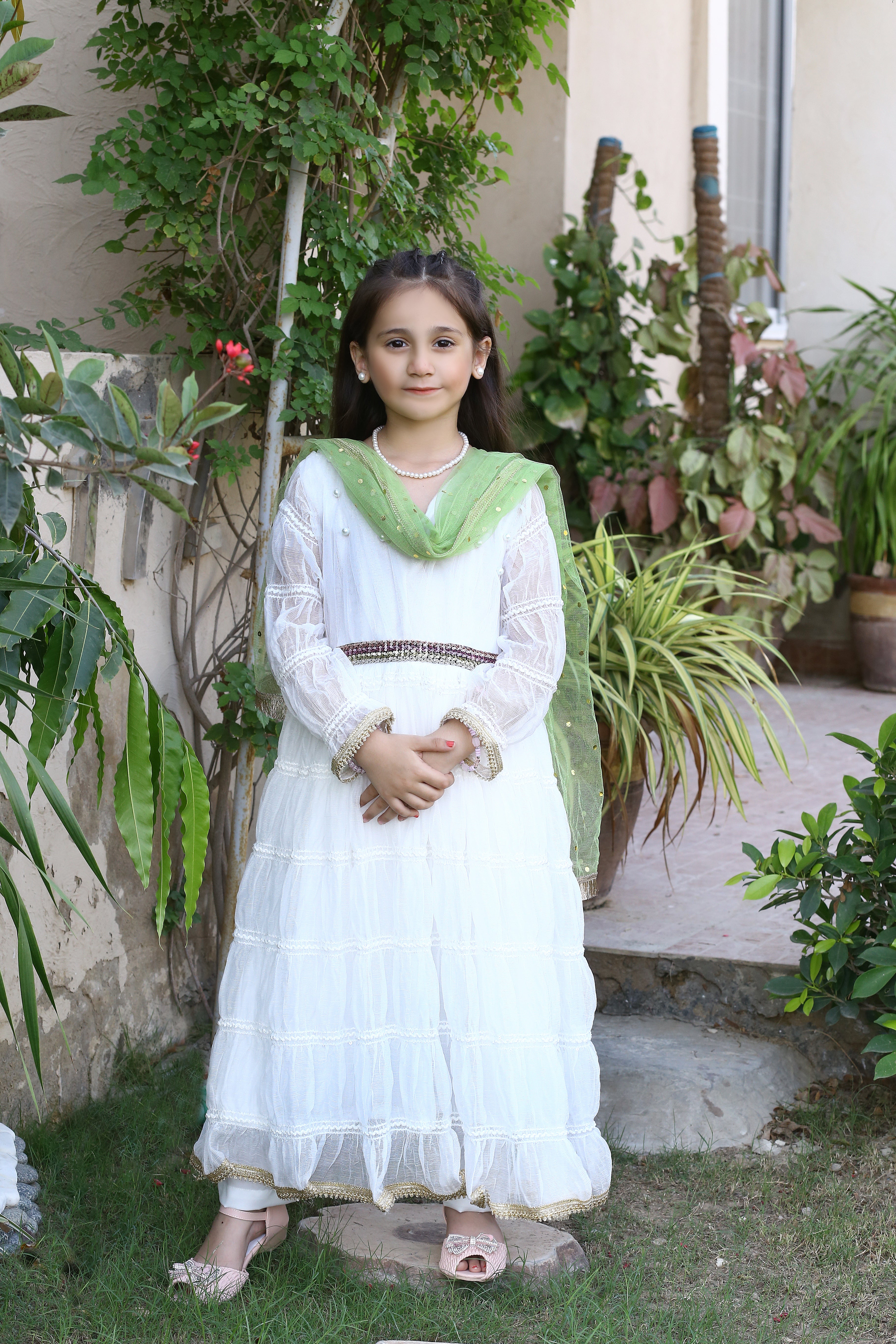3 piece Chiffon White Frill Frock with White Malai Trouser & Pistachio Green Chan Net Dupatta & beautiful Multi Laces.(Stitch)