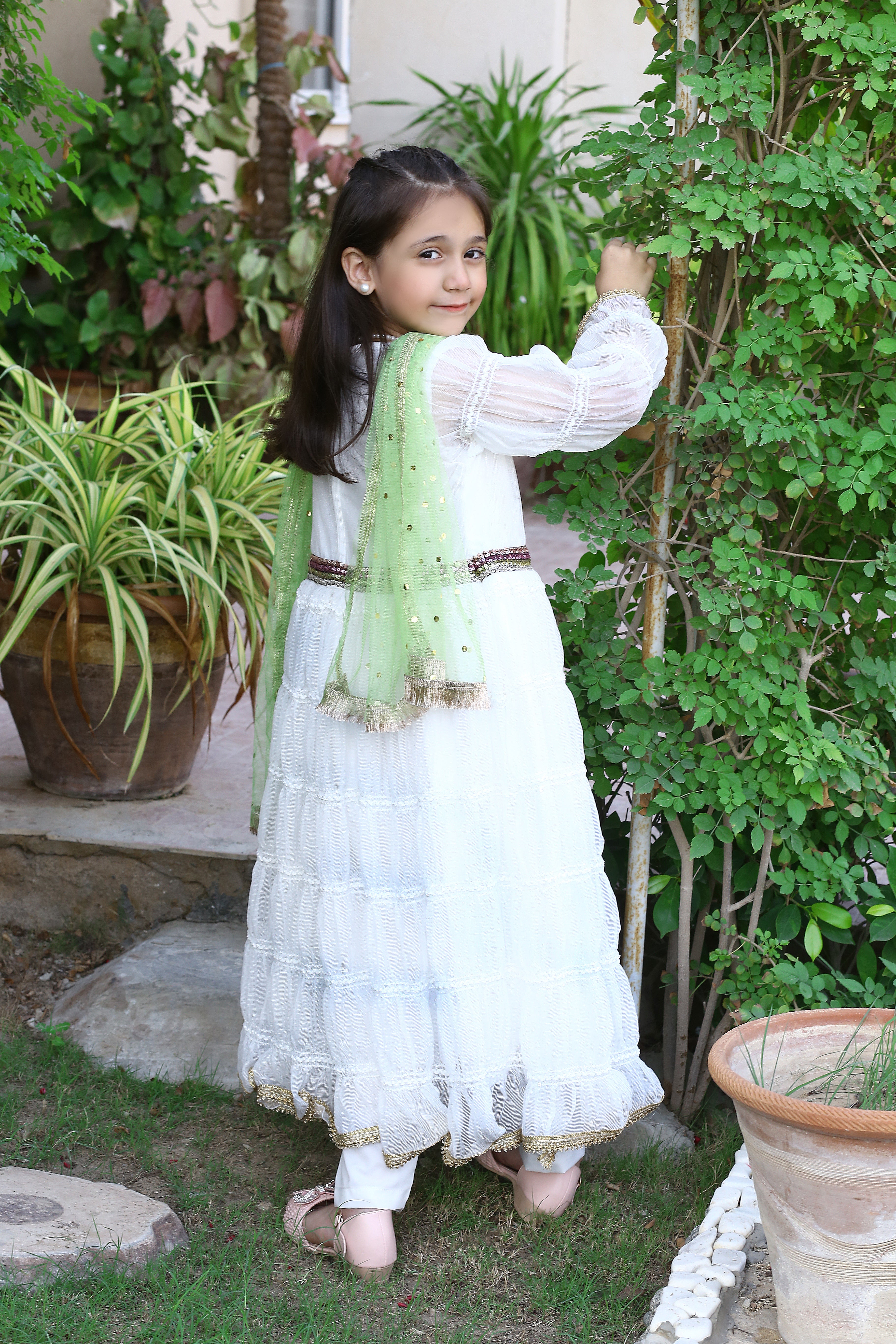 3 piece Chiffon White Frill Frock with White Malai Trouser & Pistachio Green Chan Net Dupatta & beautiful Multi Laces.(Stitch)