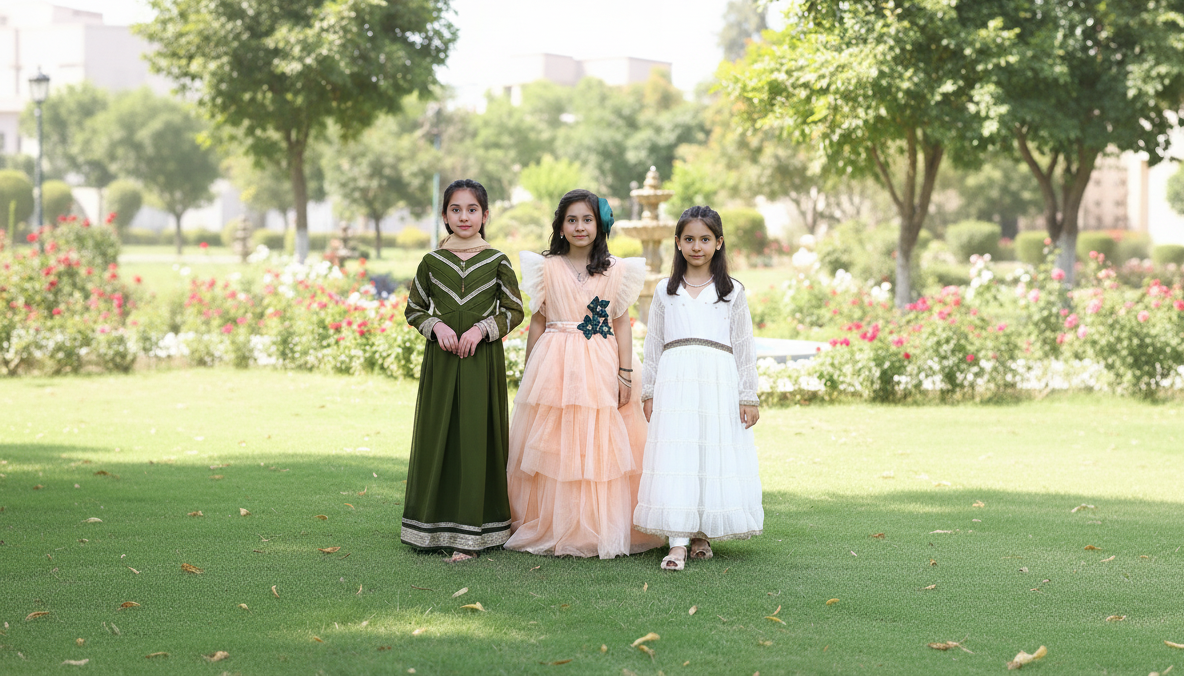 Three women in traditional attire standing on a grassy area with trees and flowers in the background
