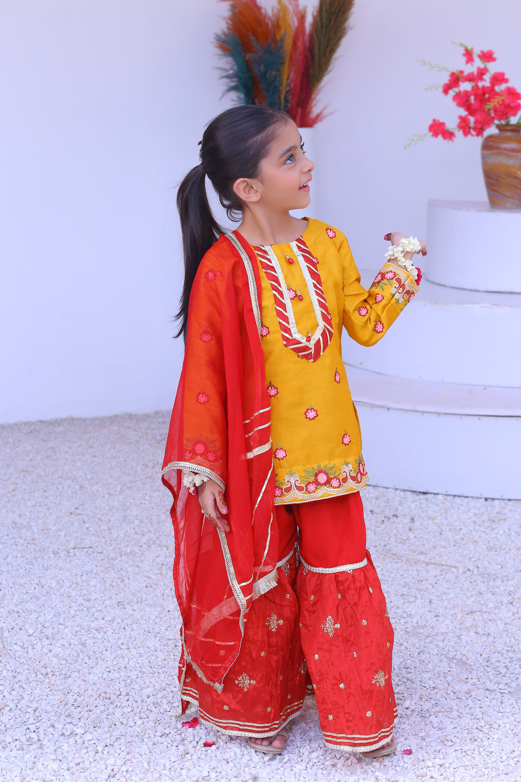 3 piece Mustered Embroidery Raw Silk Gharara Suit with Reddish Maroon Crush Embroidery Gharara & Reddish Maroon Chiffon Dupatta & Laces.(Stitch)