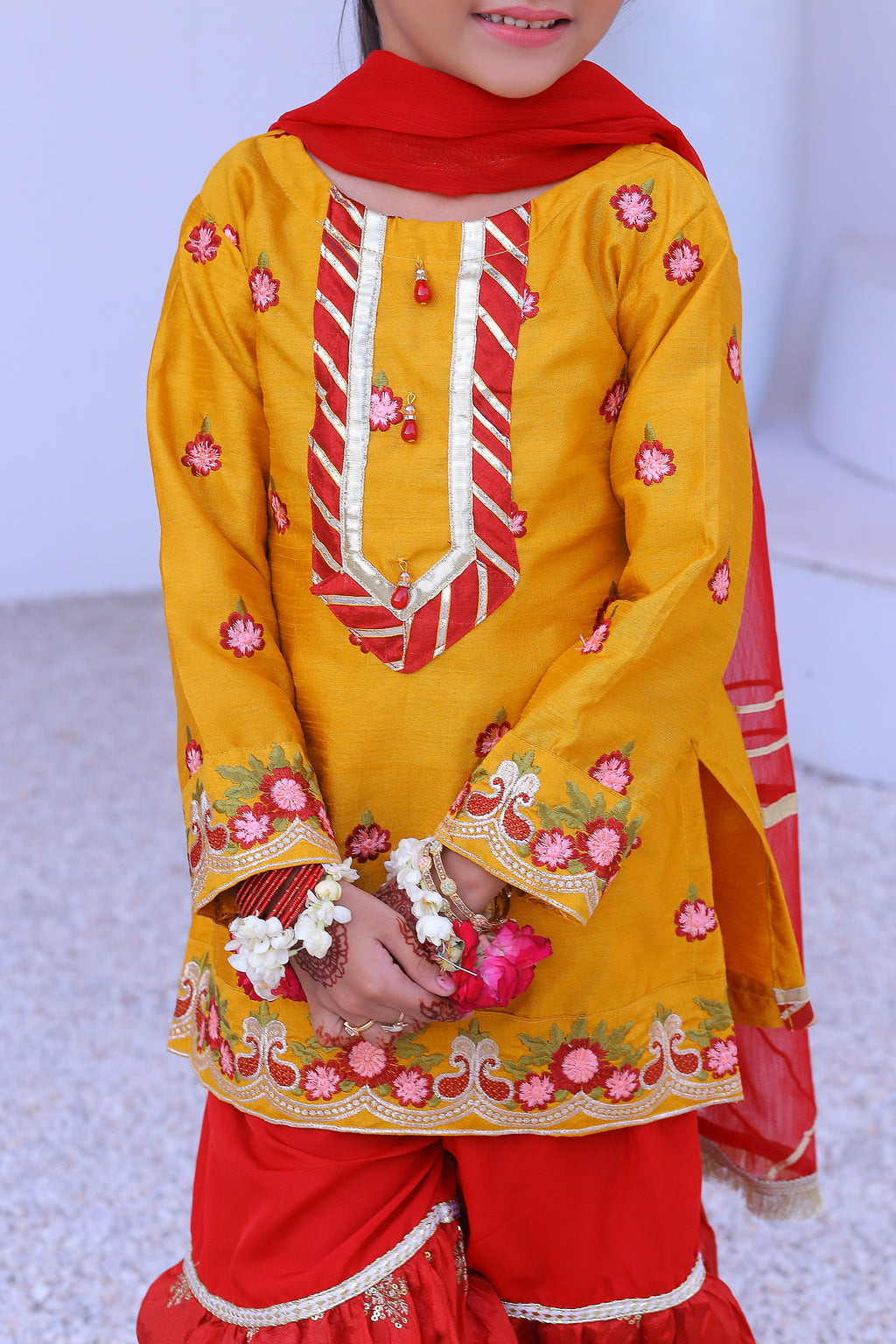 3 piece Mustered Embroidery Raw Silk Gharara Suit with Reddish Maroon Crush Embroidery Gharara & Reddish Maroon Chiffon Dupatta & Laces.(Stitch)