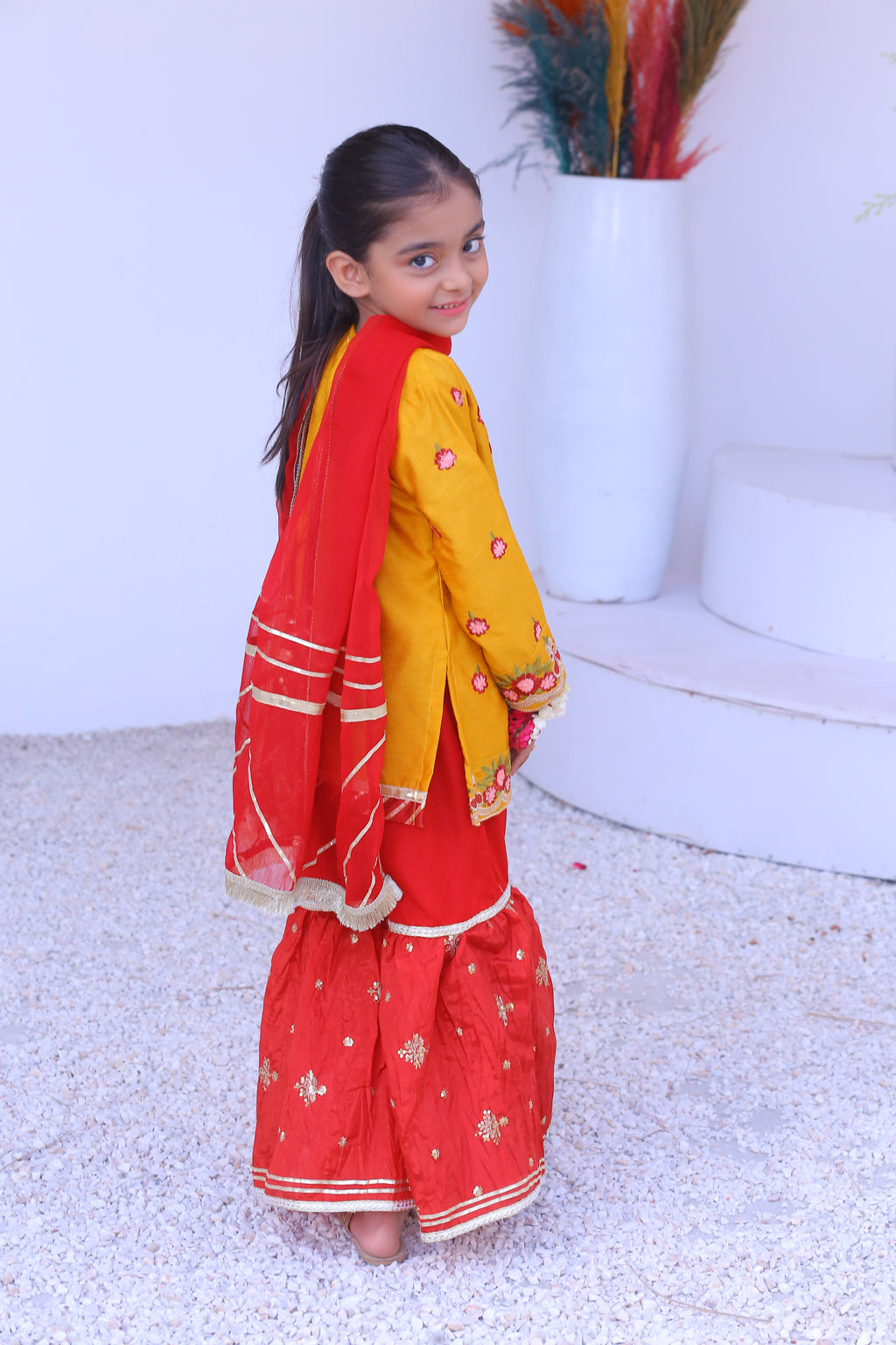 3 piece Mustered Embroidery Raw Silk Gharara Suit with Reddish Maroon Crush Embroidery Gharara & Reddish Maroon Chiffon Dupatta & Laces.(Stitch)