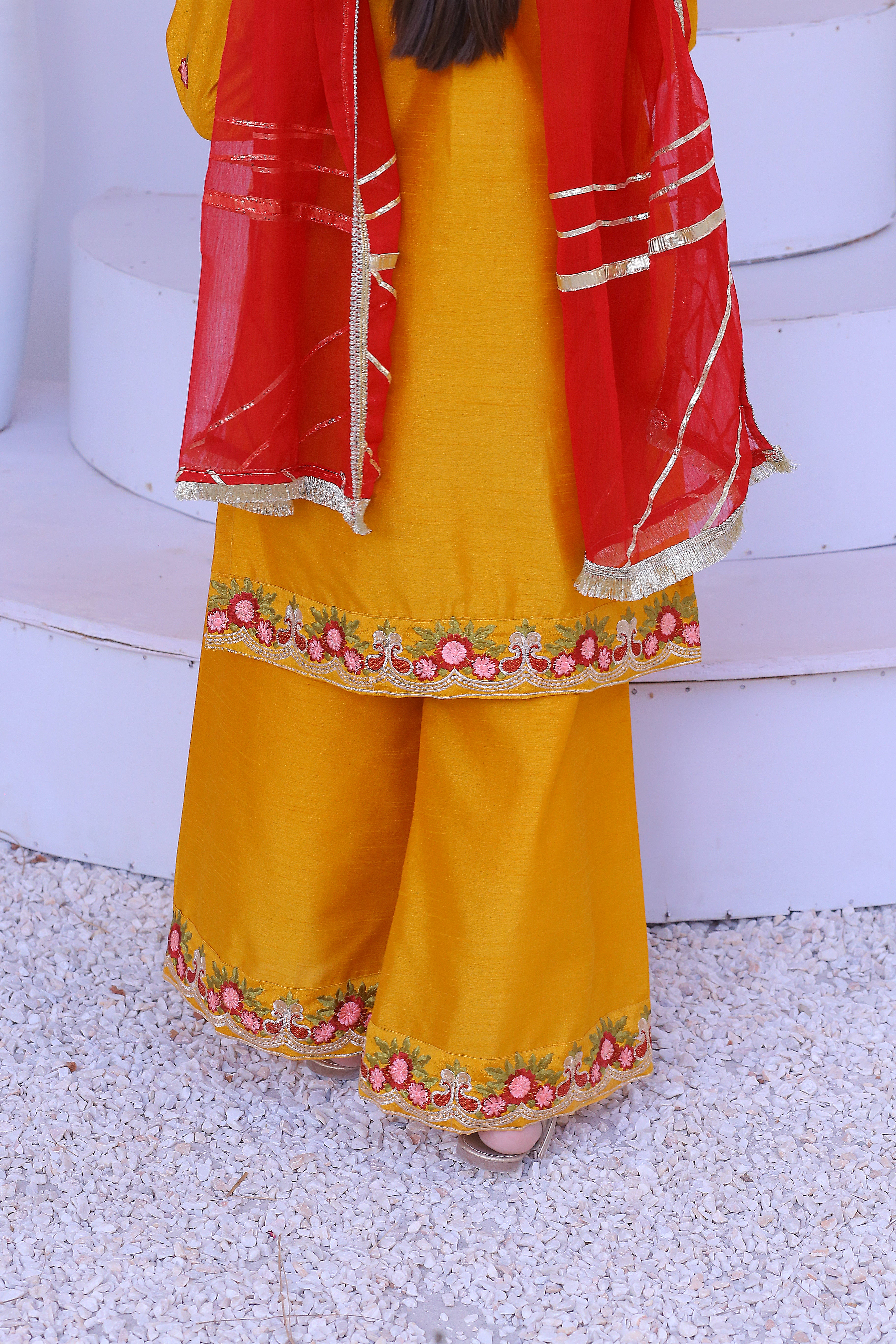 3 piece Mustered Raw Silk Embroidered Plazo Suit with Reddish Maroon Chiffon Dupatta & Golden Laces.(Stitch)