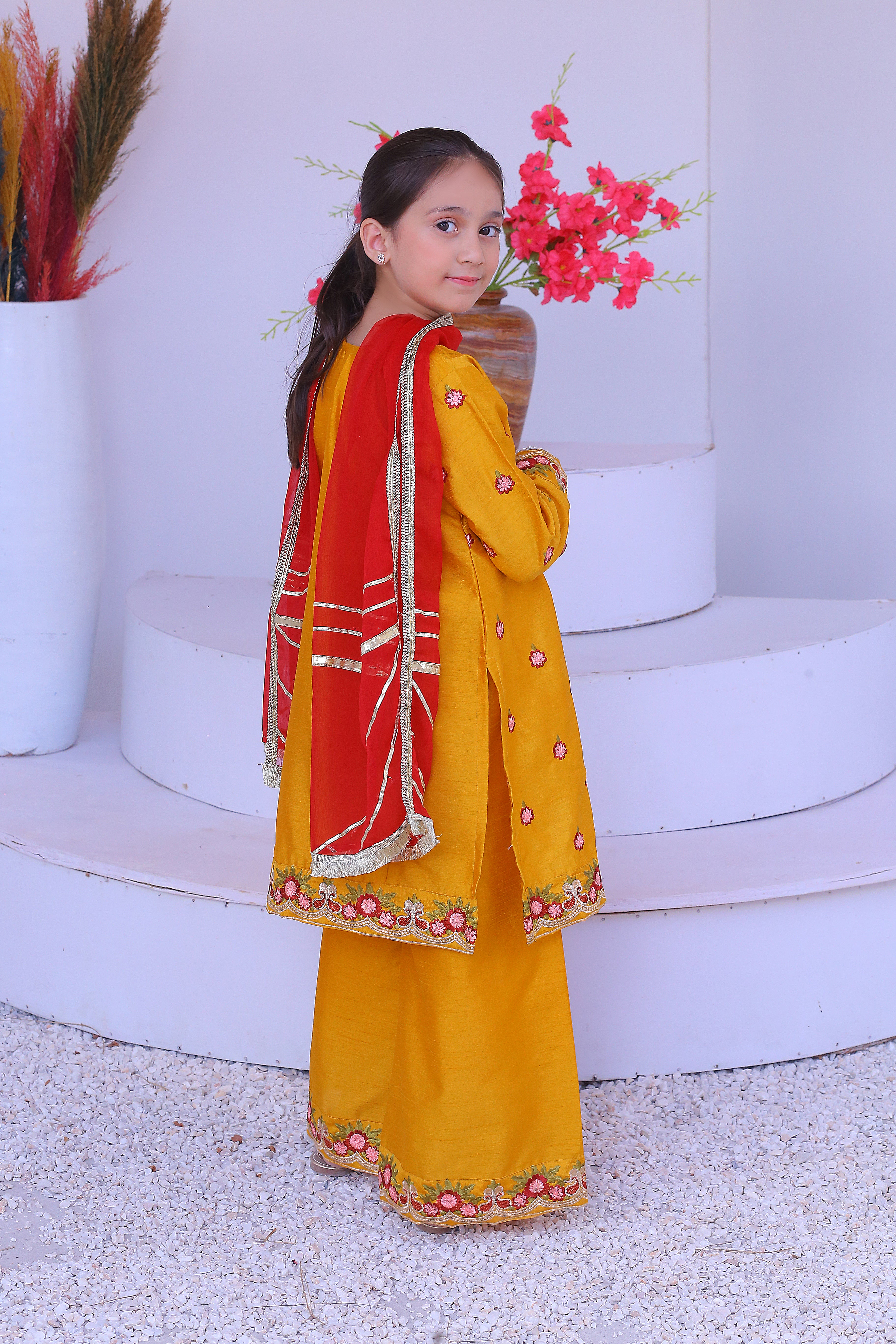 3 piece Mustered Raw Silk Embroidered Plazo Suit with Reddish Maroon Chiffon Dupatta & Golden Laces.(Stitch)