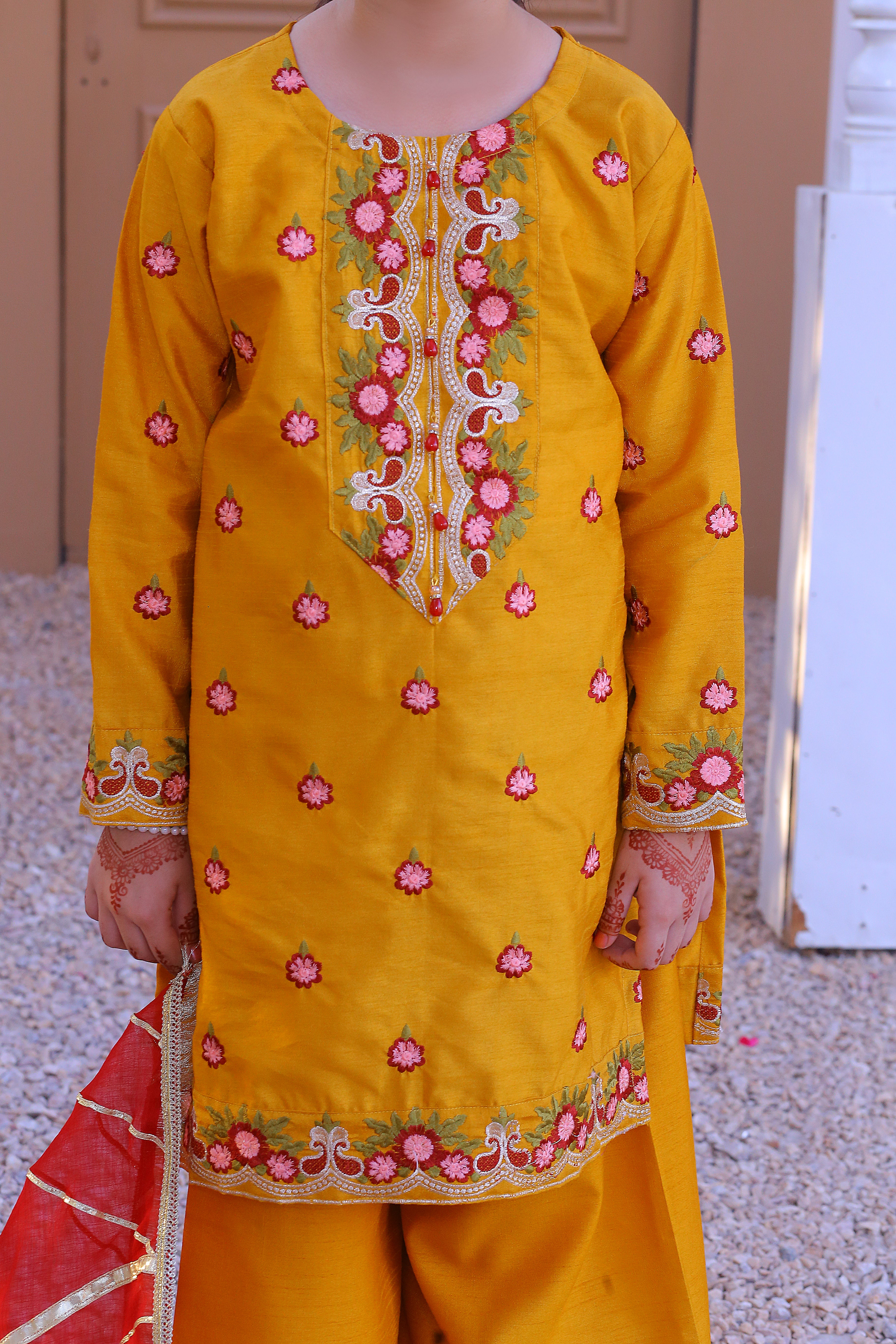 3 piece Mustered Raw Silk Embroidered Plazo Suit with Reddish Maroon Chiffon Dupatta & Golden Laces.(Stitch)